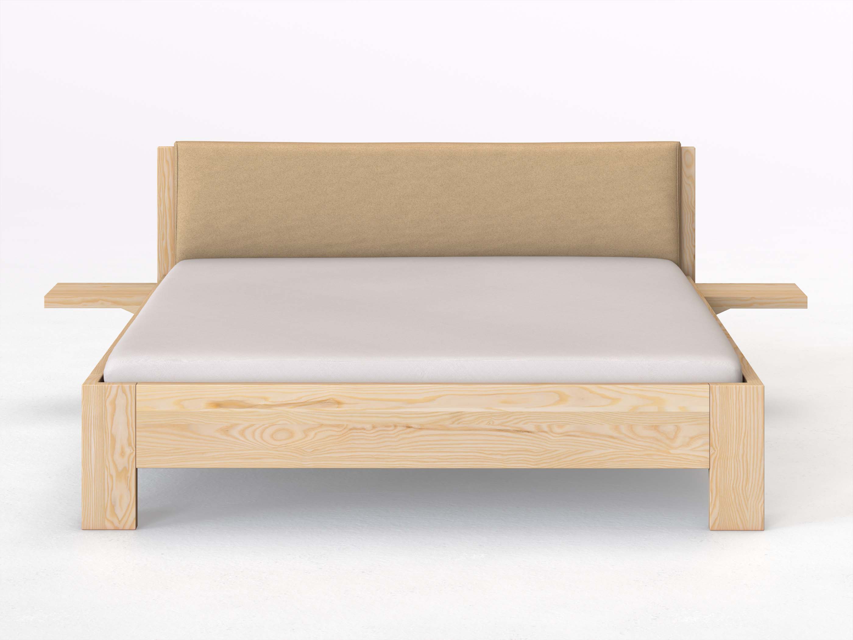 Eschenbett „Alois“ in 180 x 200 cm mit 2 Ablagen und Stoffkopfteil - Stoff: Schafschurwolle „Fischgrät“ in der Farbe Goldhirse