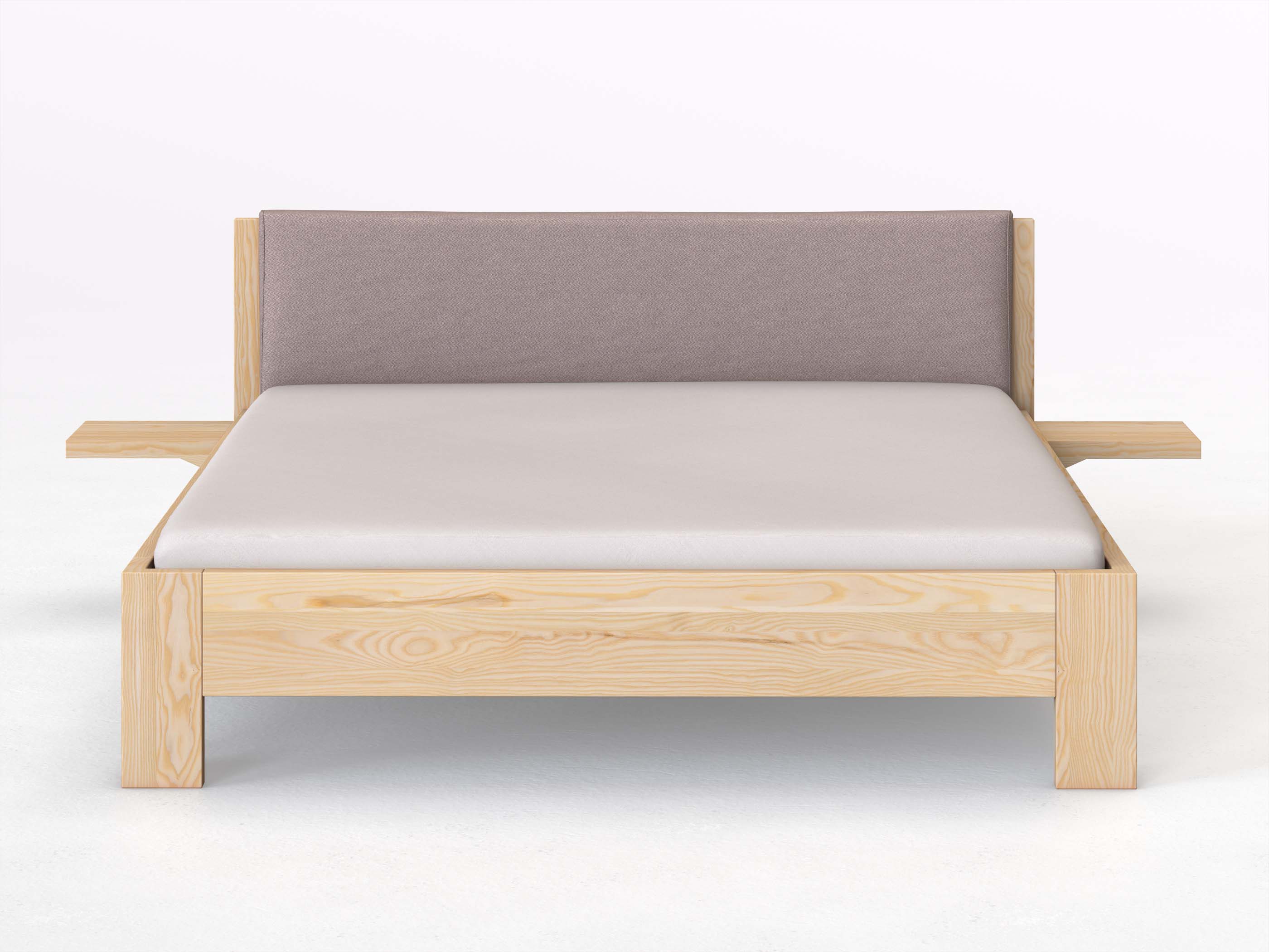 Eschenbett „Alois“ in 180 x 200 cm mit 2 Ablagen und Stoffkopfteil - Stoff: Schafschurwolle „Fischgrät“ in der Farbe Zartflieder