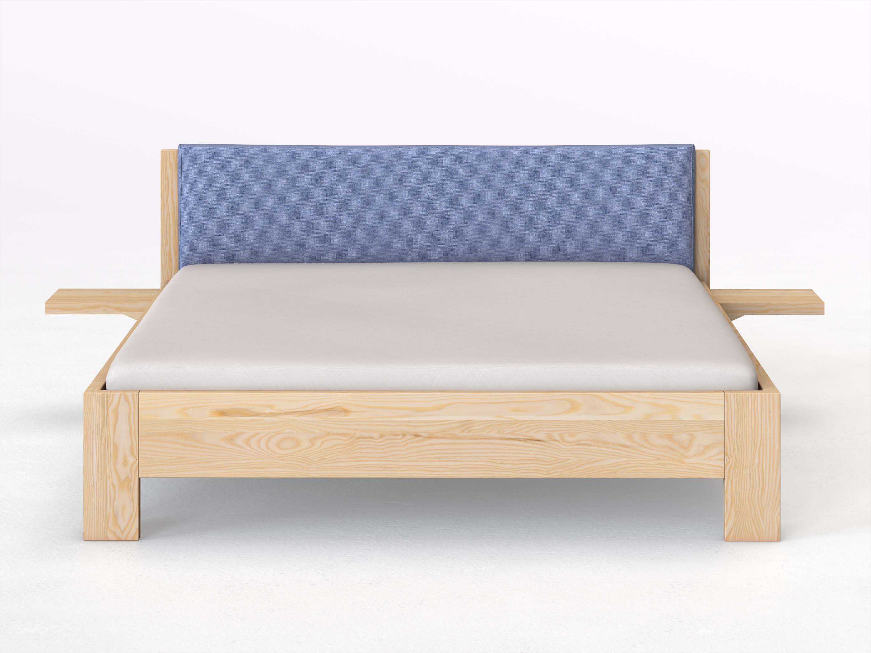 Eschenbett „Alois“ in 180 x 200 cm mit 2 Ablagen und Stoffkopfteil - Stoff: Schafschurwolle „Fischgrät“ in der Farbe Kornblume
