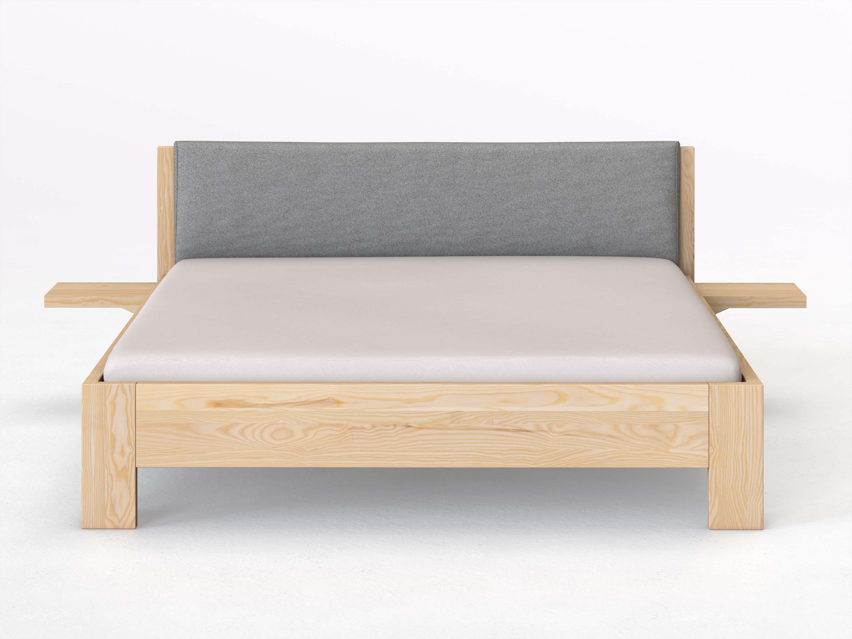 Eschenbett „Alois“ in 180 x 200 cm mit 2 Ablagen und Stoffkopfteil - Stoff: Schafschurwolle „Loden“ in der Farbe Nebelgrau
