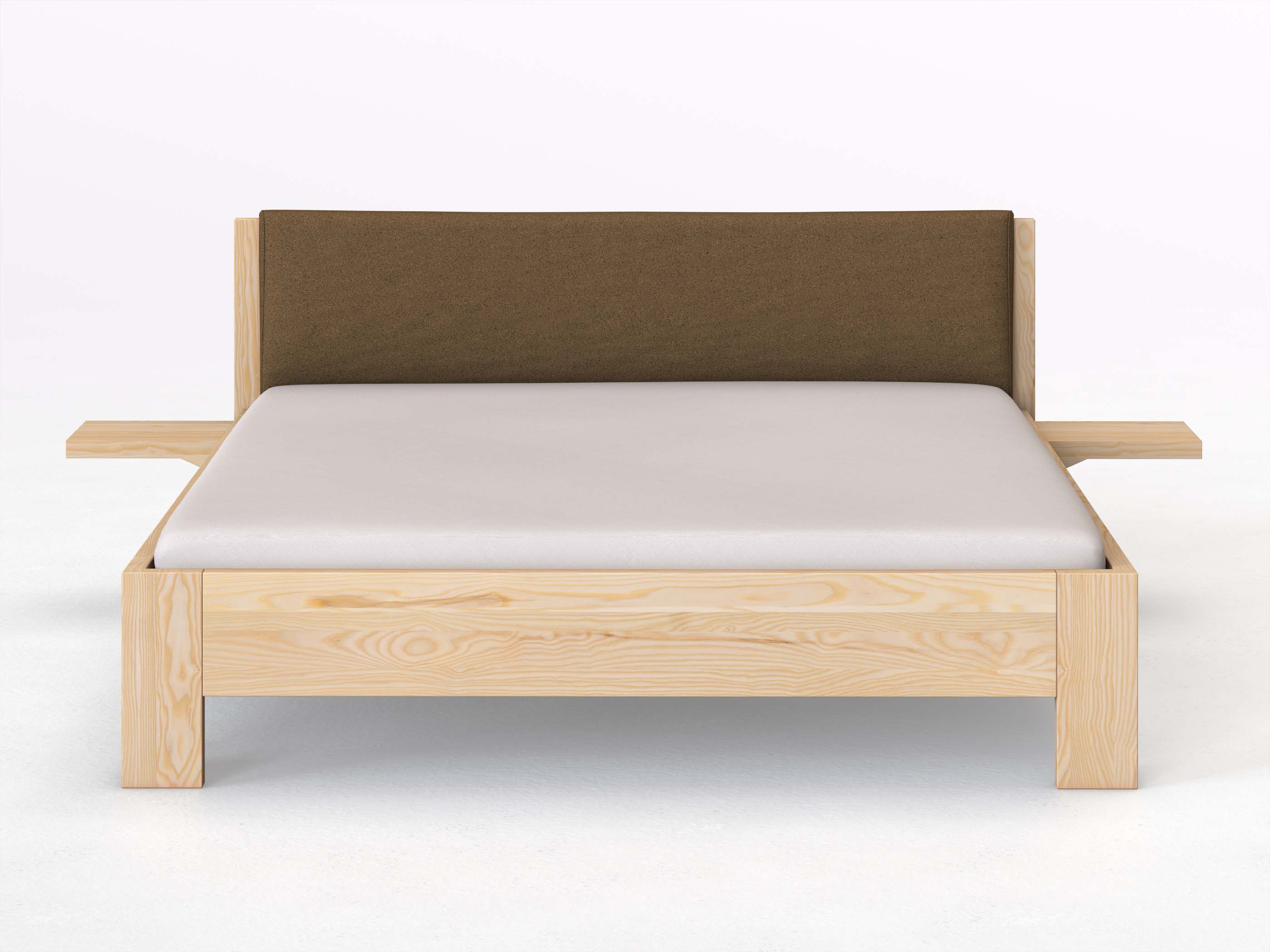 Eschenbett „Alois“ in 180 x 200 cm mit 2 Ablagen und Stoffkopfteil - Stoff: Schafschurwolle „Loden“ in der Farbe Zimtrinde