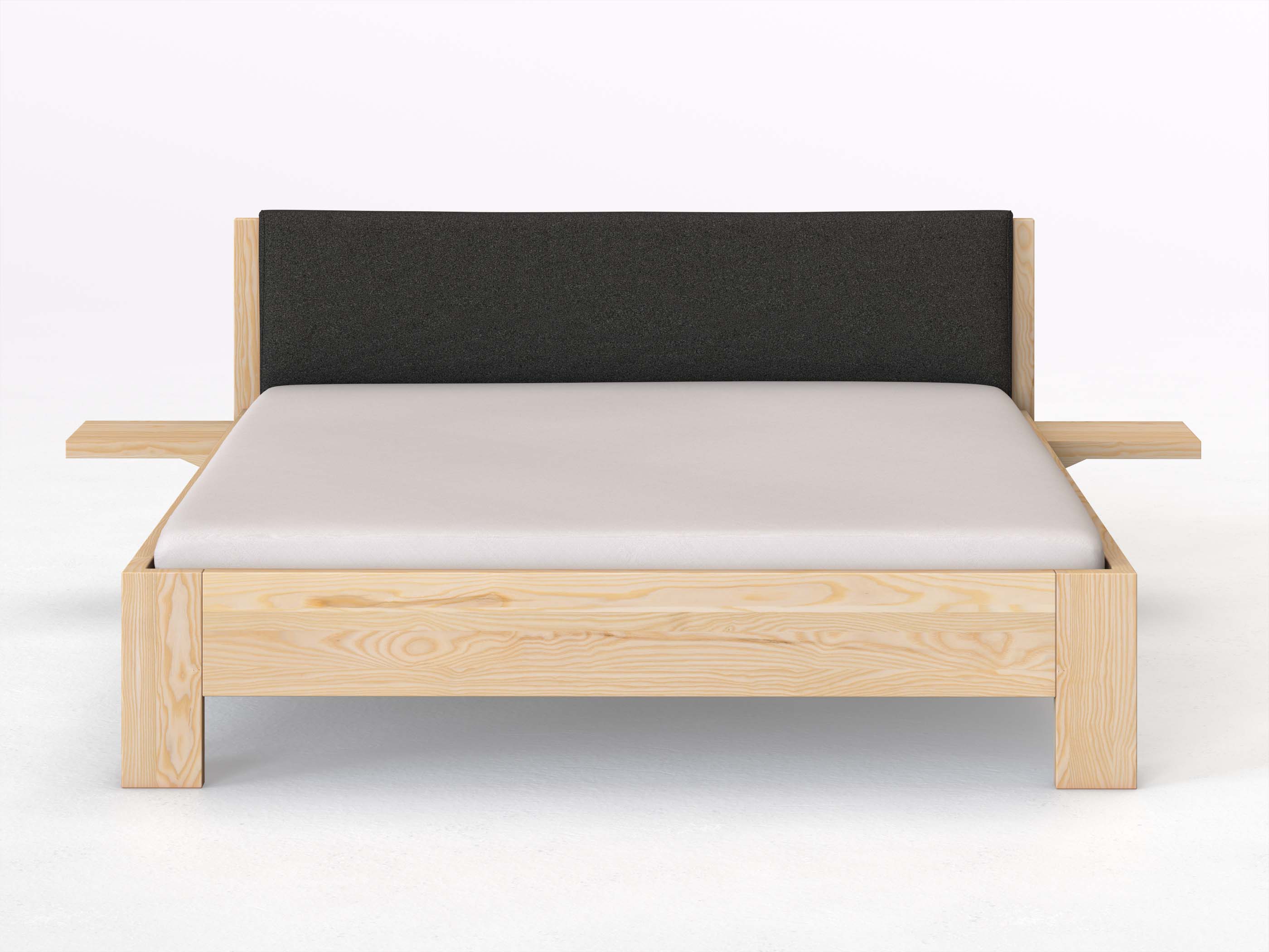 Eschenbett „Alois“ in 180 x 200 cm mit 2 Ablagen und Stoffkopfteil - Stoff: Schafschurwolle „Loden“ in der Farbe Anthrazit
