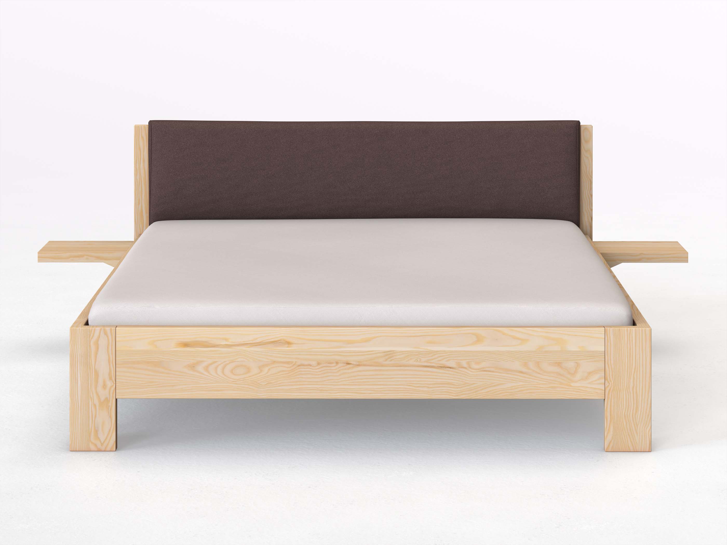 Eschenbett „Alois“ in 180 x 200 cm mit 2 Ablagen und Stoffkopfteil - Stoff: Schafschurwolle „Loden“ in der Farbe Abenddämmerung