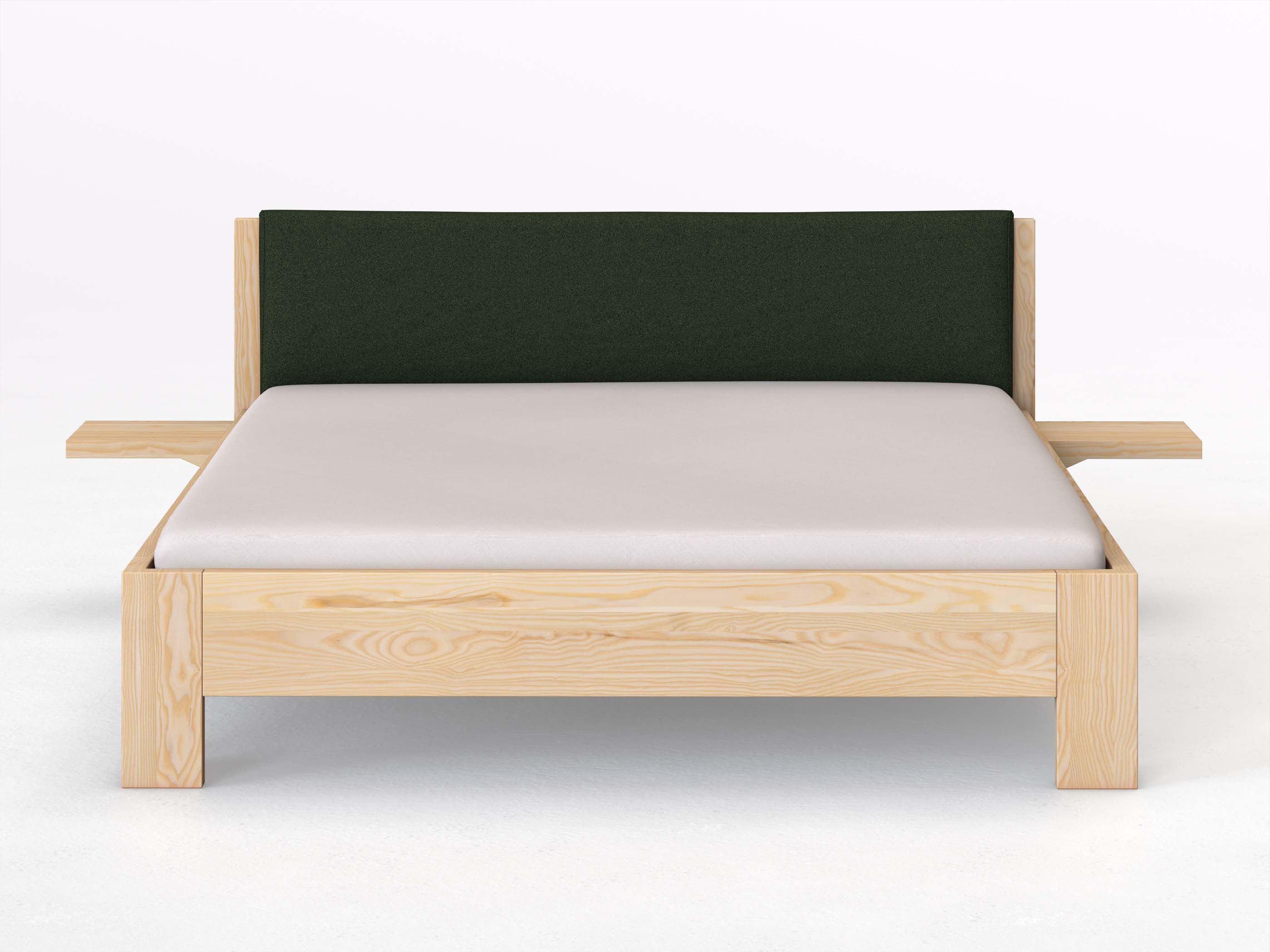 Eschenbett „Alois“ in 180 x 200 cm mit 2 Ablagen und Stoffkopfteil - Stoff: Schafschurwolle „Loden“ in der Farbe Tannenwald