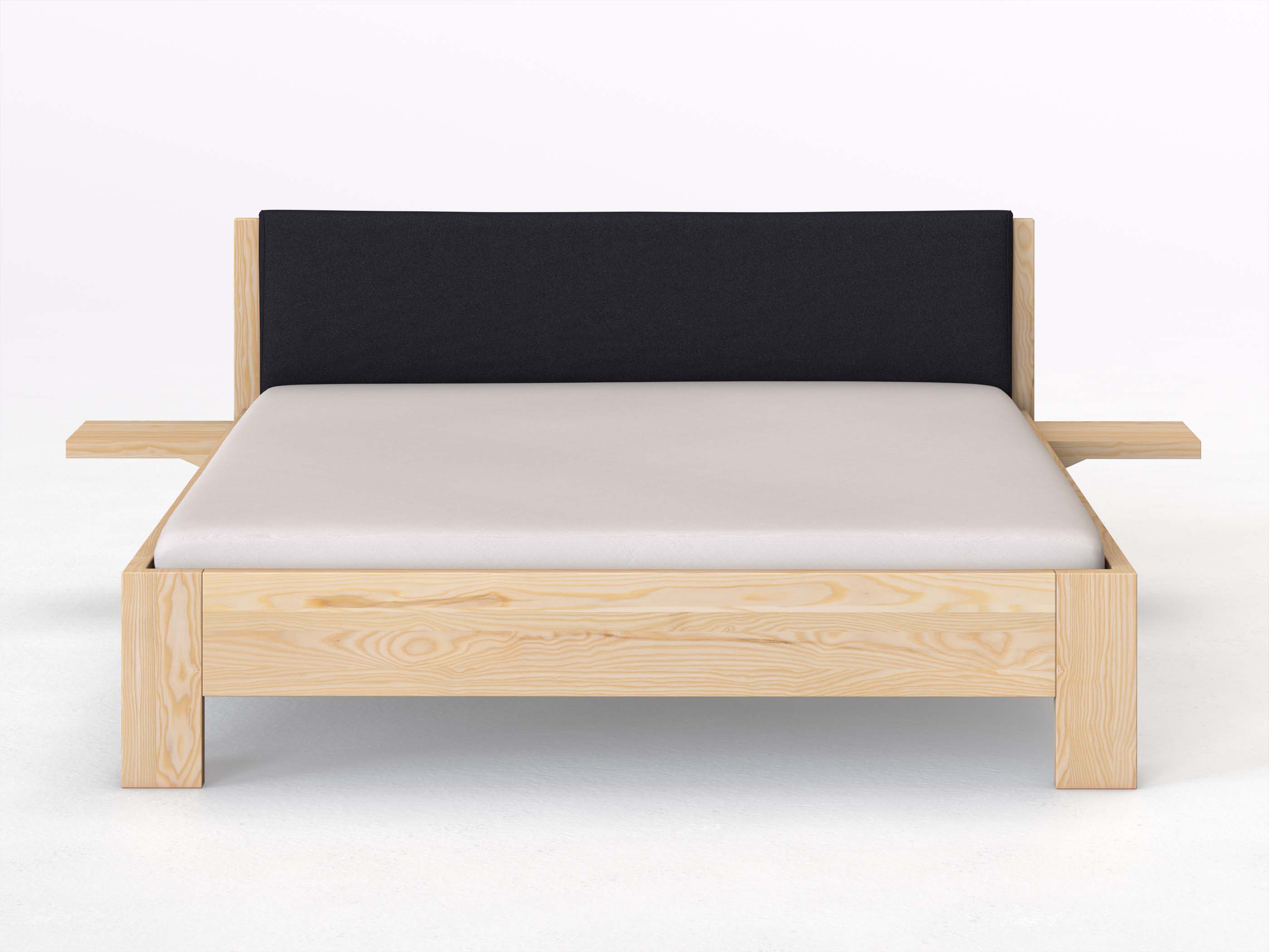 Eschenbett „Alois“ in 180 x 200 cm mit 2 Ablagen und Stoffkopfteil - Stoff: Schafschurwolle „Loden“ in der Farbe Nachtblau