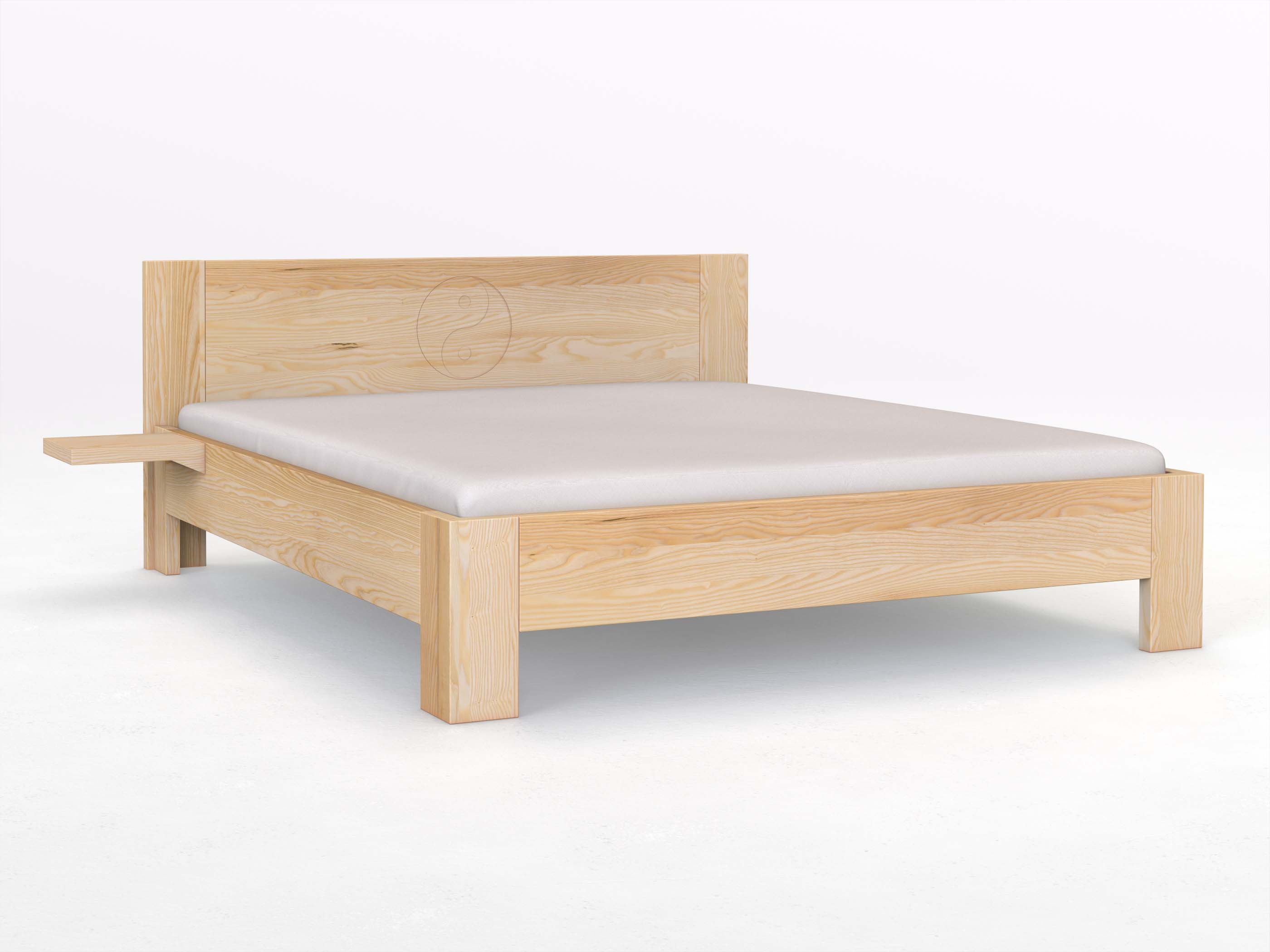 Eschenbett „Alois“ mit 2 Ablagen und der Gravur „Yin Yang“