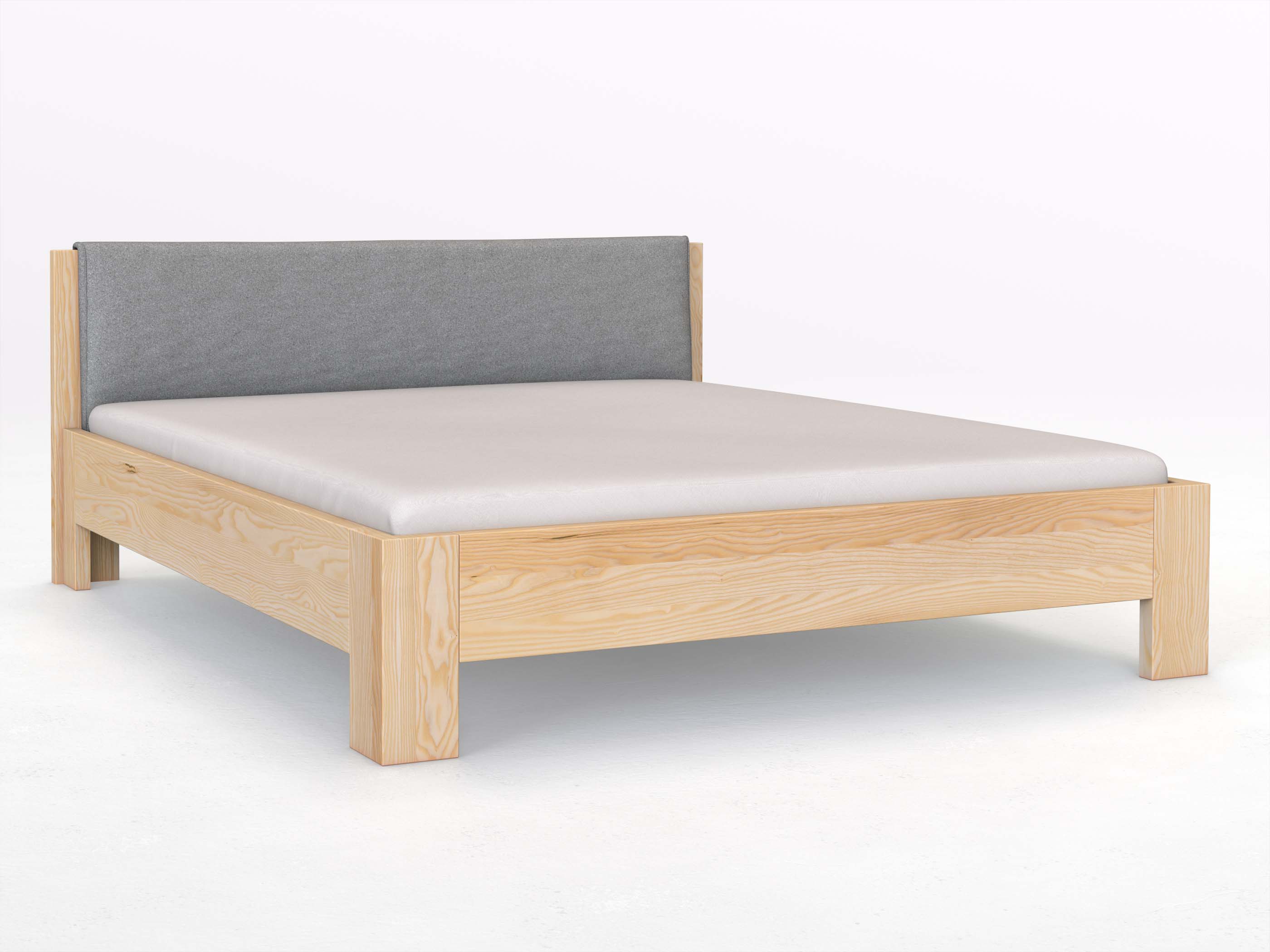 Eschenbett „Alois“ in 180 x 200 cm, mit Stoffkopfteil - Stoff: Schafschurwolle „Loden“ in der Farbe Nebelgrau