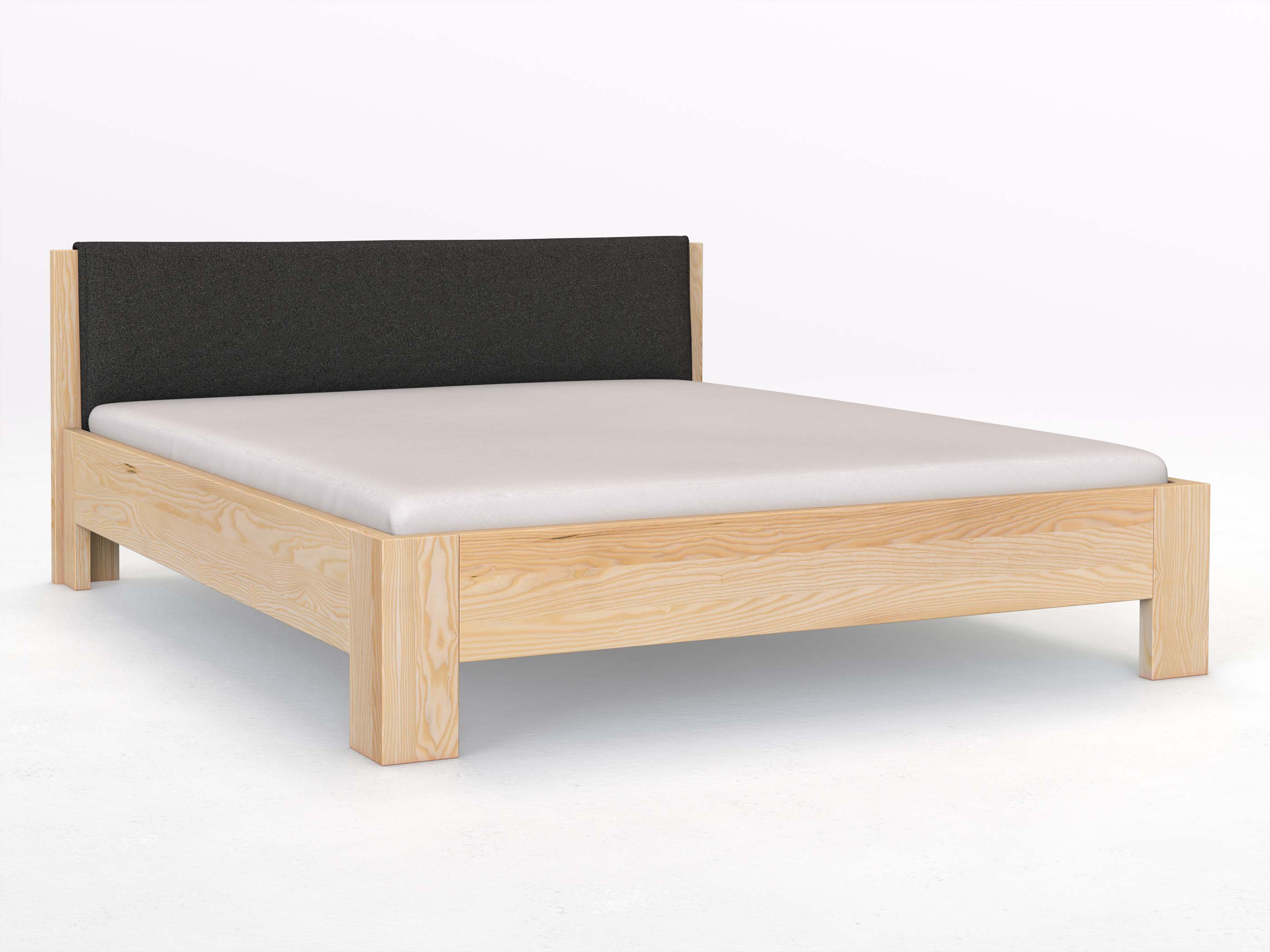 Eschenbett „Alois“ in 180 x 200 cm, mit Stoffkopfteil - Stoff: Schafschurwolle „Loden“ in der Farbe Anthrazit