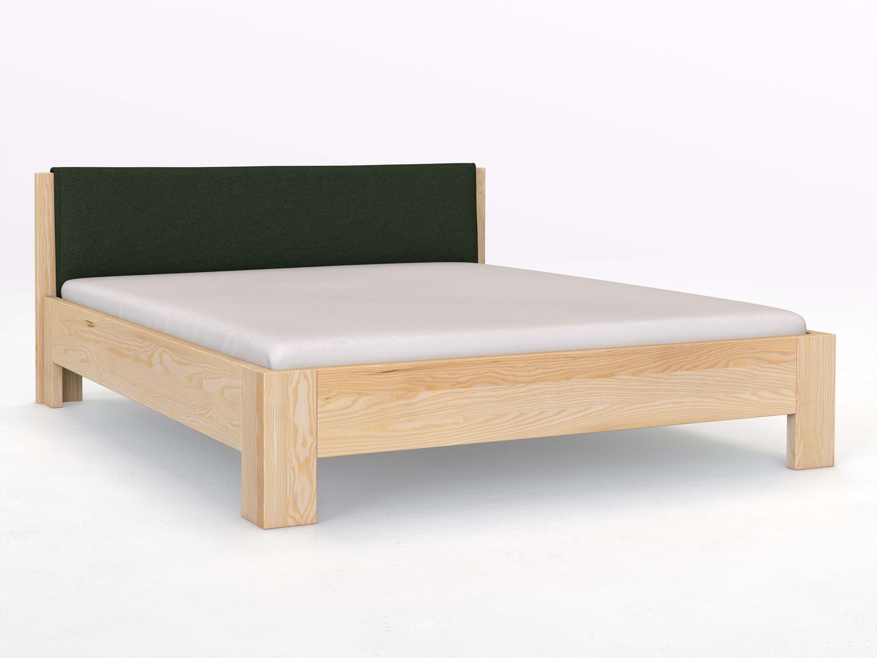 Eschenbett „Alois“ in 180 x 200 cm, mit Stoffkopfteil - Stoff: Schafschurwolle „Loden“ in der Farbe Tannenwald