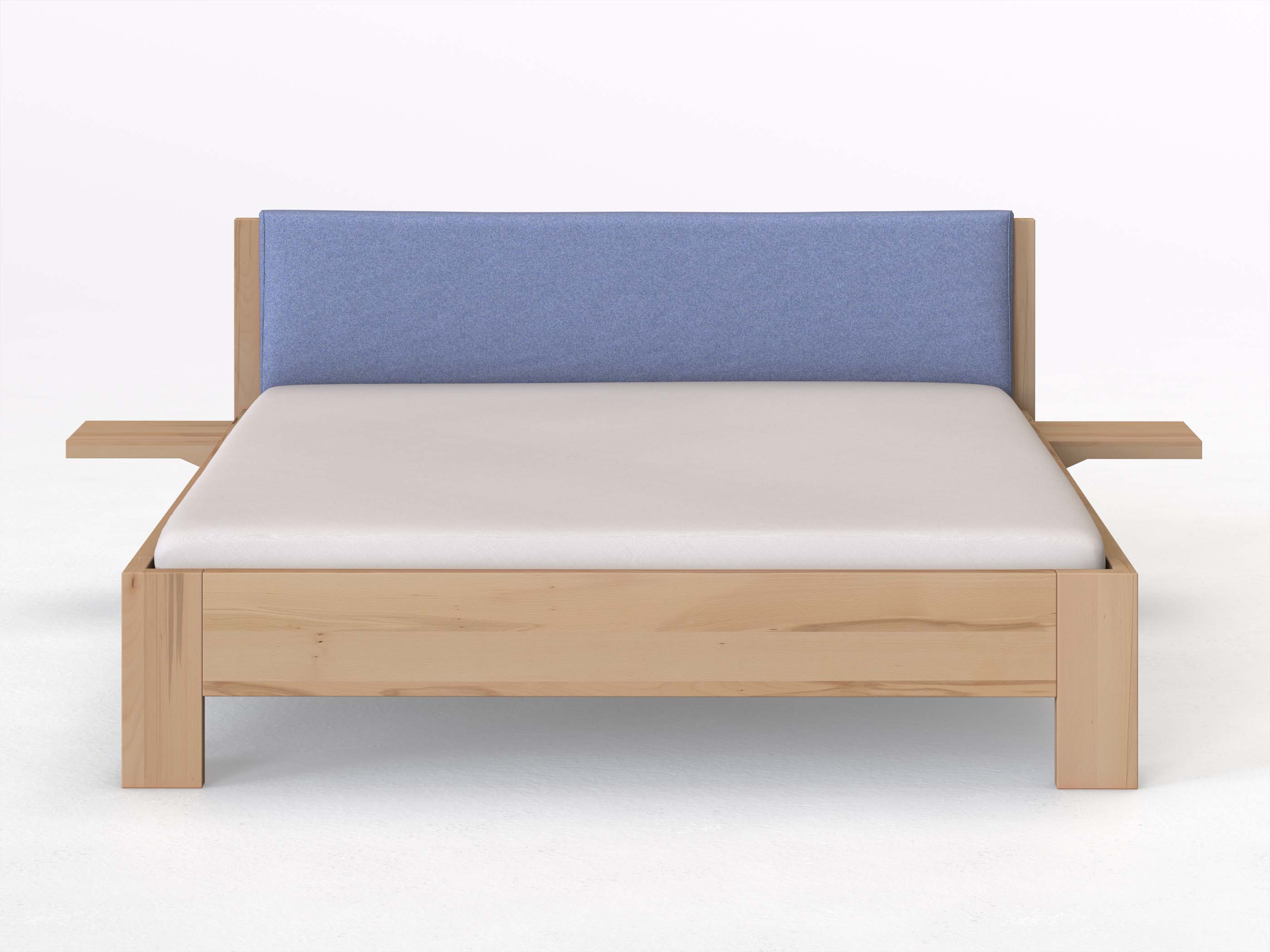 Kernbuchenbett „Alois“ in 180 x 200 cm mit 2 Ablagen und Stoffkopfteil - Stoff: Schafschurwolle „Fischgrät“ in der Farbe Kornblume