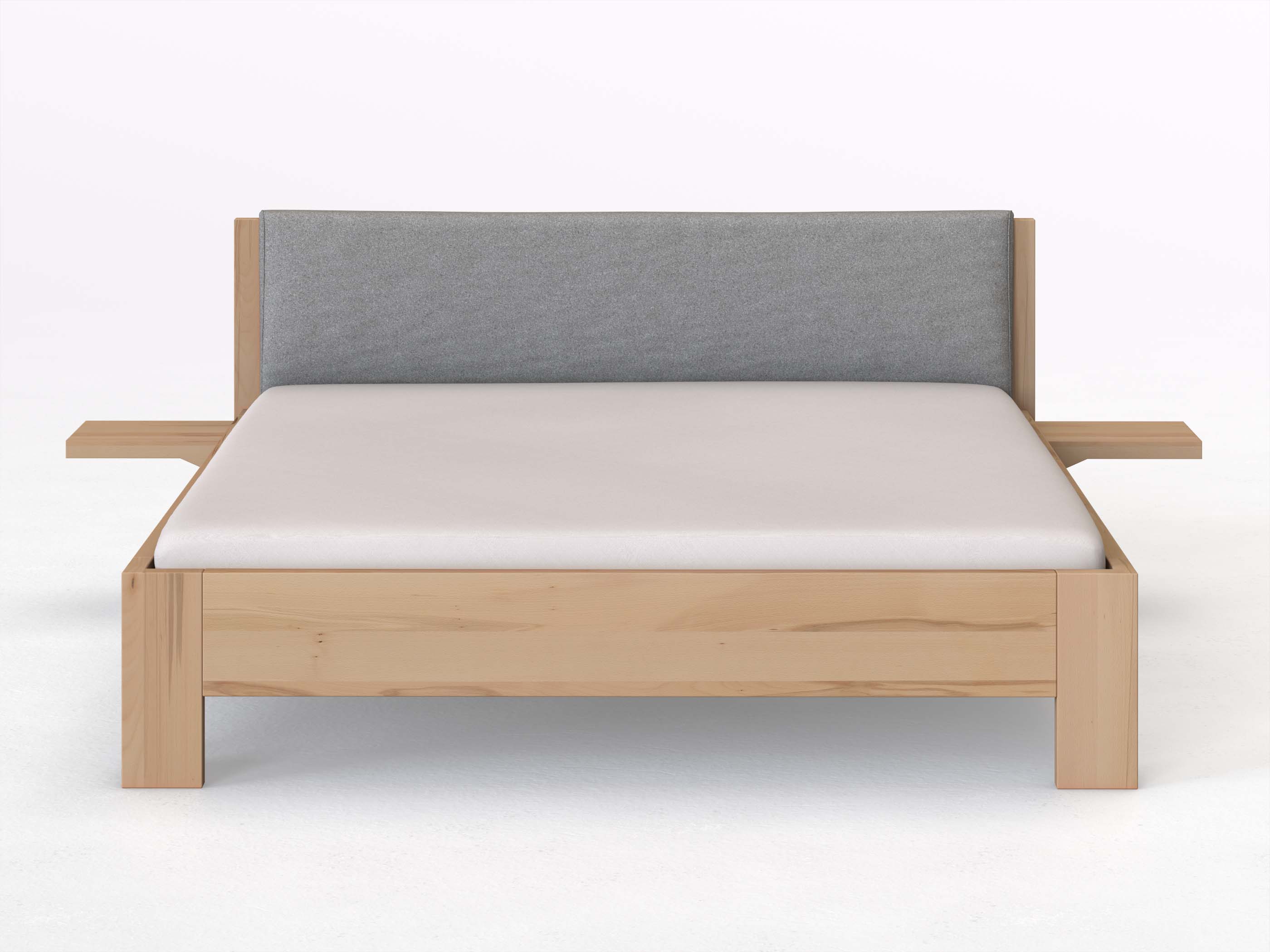 Kernbuchenbett „Alois“ in 180 x 200 cm mit 2 Ablagen und Stoffkopfteil - Stoff: Schafschurwolle „Loden“ in der Farbe Nebelgrau