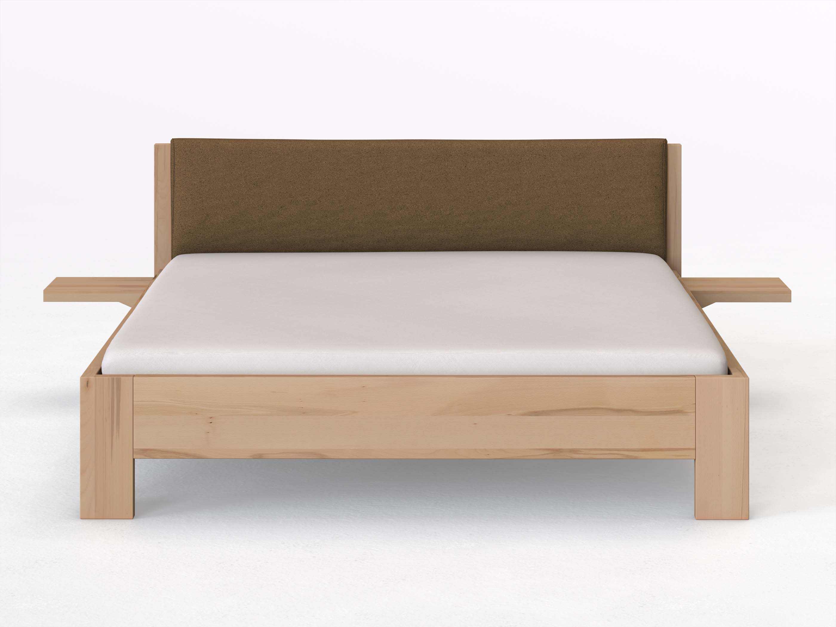 Kernbuchenbett „Alois“ in 180 x 200 cm mit 2 Ablagen und Stoffkopfteil - Stoff: Schafschurwolle „Loden“ in der Farbe Zimtrinde