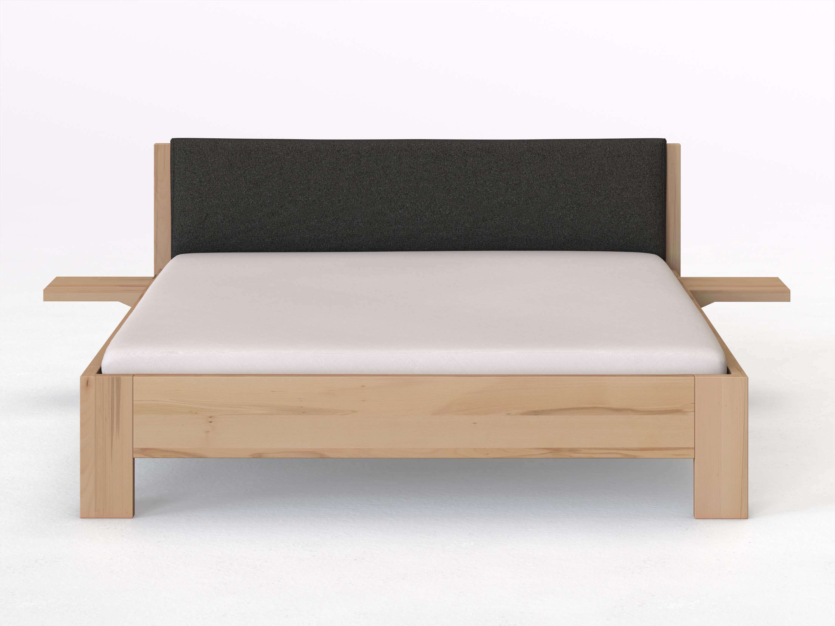 Kernbuchenbett „Alois“ in 180 x 200 cm mit 2 Ablagen und Stoffkopfteil - Stoff: Schafschurwolle „Loden“ in der Farbe Anthrazit