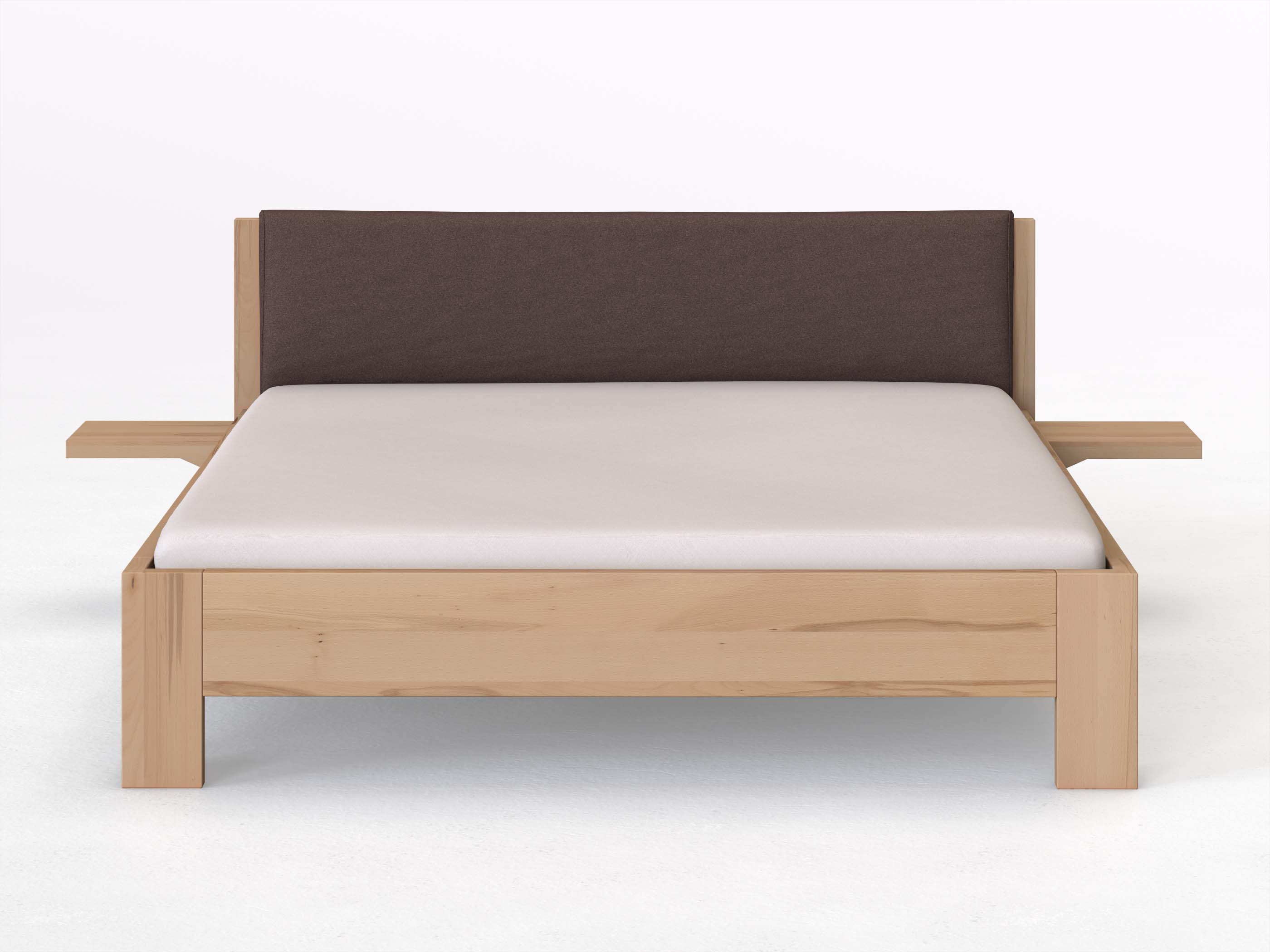 Kernbuchenbett „Alois“ in 180 x 200 cm mit 2 Ablagen und Stoffkopfteil - Stoff: Schafschurwolle „Loden“ in der Farbe Abenddämmerung