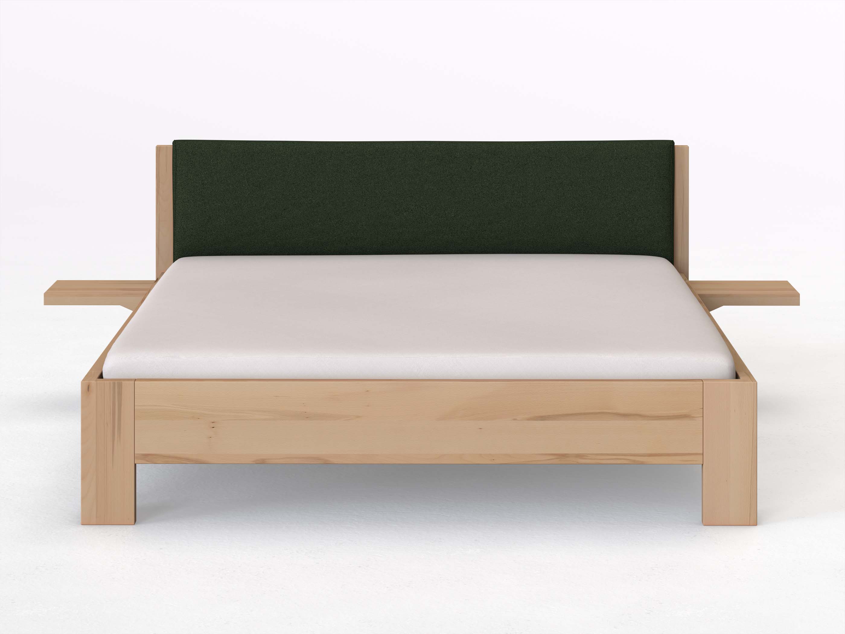 Kernbuchenbett „Alois“ in 180 x 200 cm mit 2 Ablagen und Stoffkopfteil - Stoff: Schafschurwolle „Loden“ in der Farbe Tannenwald
