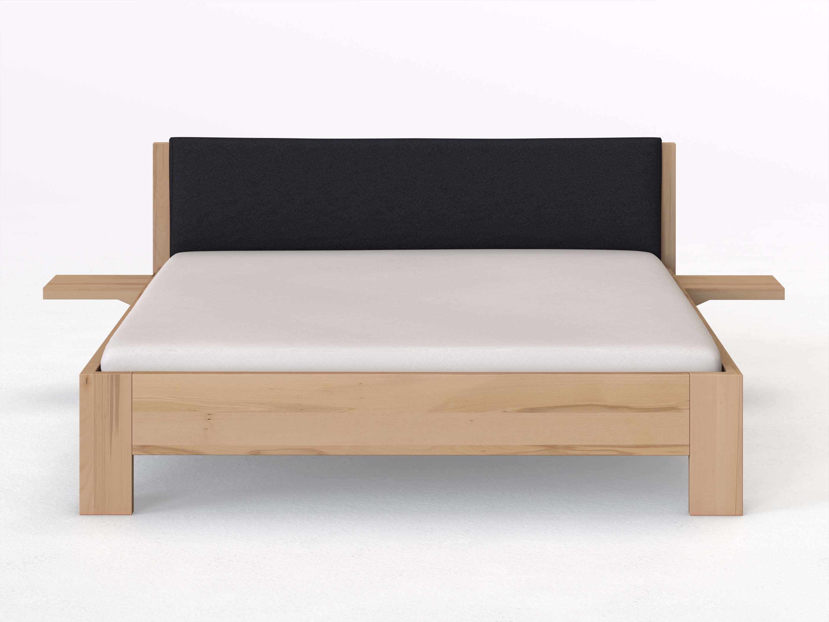 Kernbuchenbett „Alois“ in 180 x 200 cm mit 2 Ablagen und Stoffkopfteil - Stoff: Schafschurwolle „Loden“ in der Farbe Nachtblau