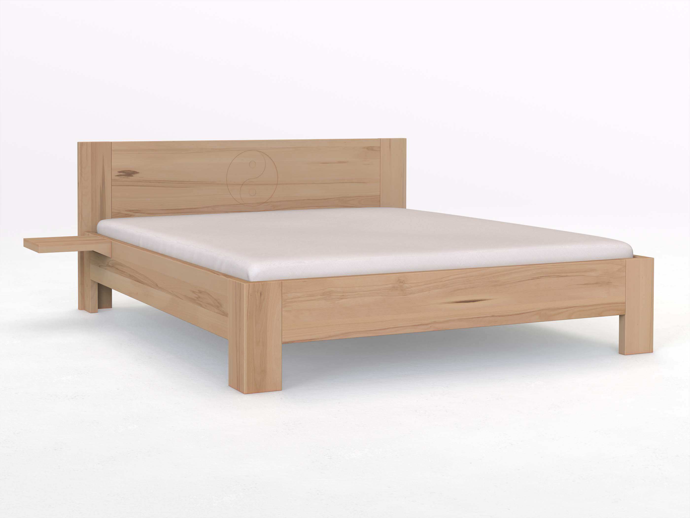 Buchenbett „Alois“ mit 2 Ablagen und der Gravur „Yin Yang“