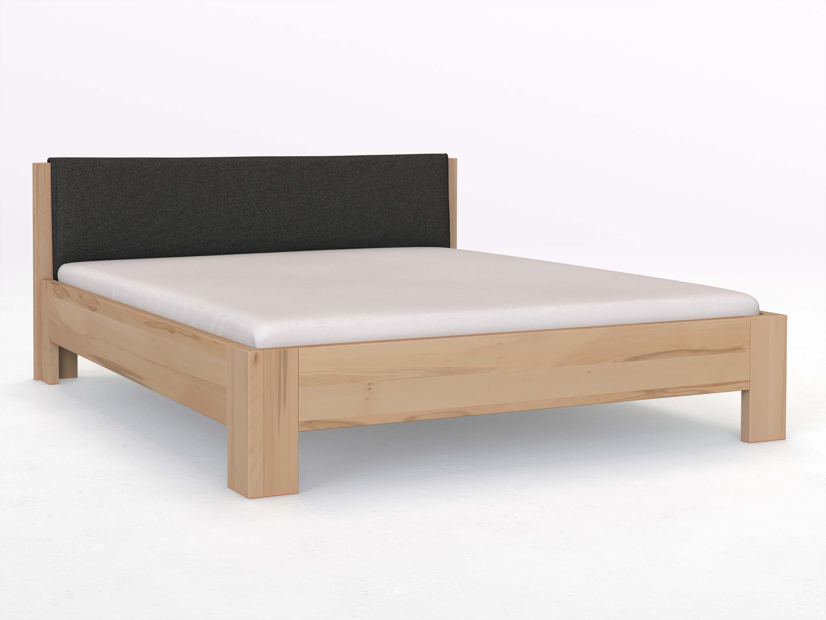 Kernbuchenbett „Alois“ in 180 x 200 cm, mit Stoffkopfteil - Stoff: Schafschurwolle „Loden“ in der Farbe Anthrazit