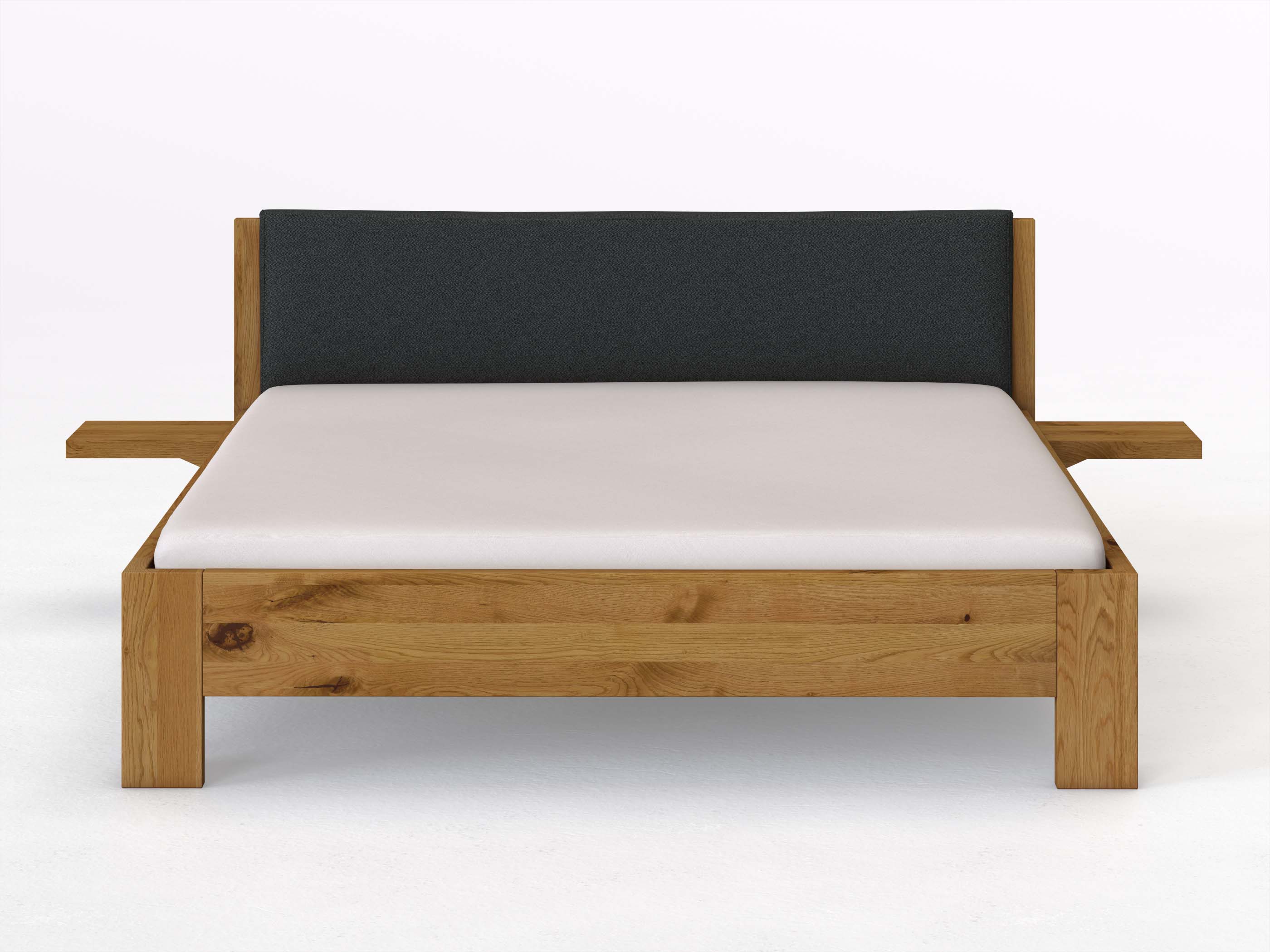 Wildeichenbett „Alois“ in 180 x 200 cm mit 2 Ablagen und Stoffkopfteil - Stoff: Schafschurwolle „Fischgrät“ in der Farbe Wacholderbeere