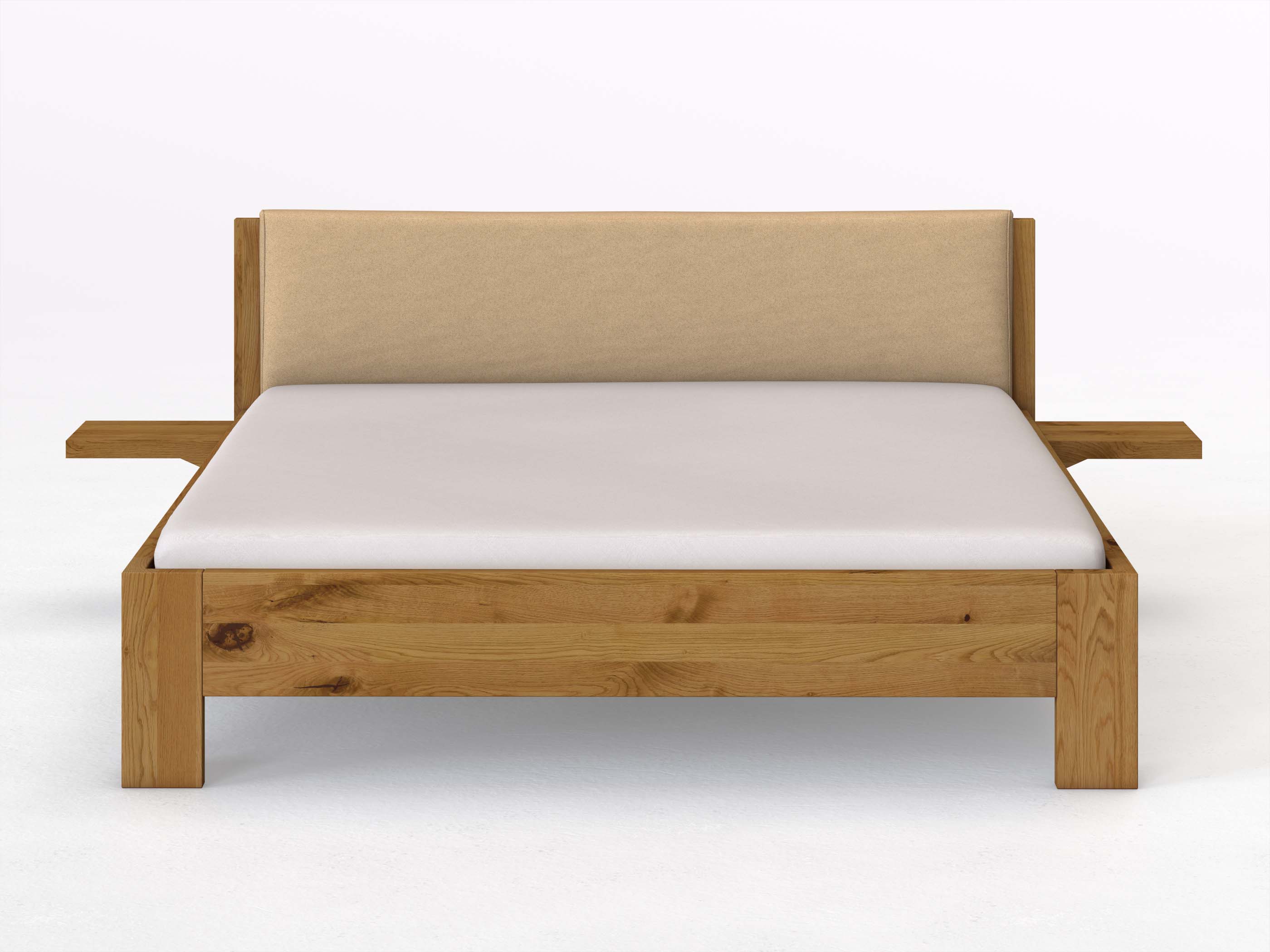 Wildeichenbett „Alois“ in 180 x 200 cm mit 2 Ablagen und Stoffkopfteil - Stoff: Schafschurwolle „Fischgrät“ in der Farbe Goldhirse