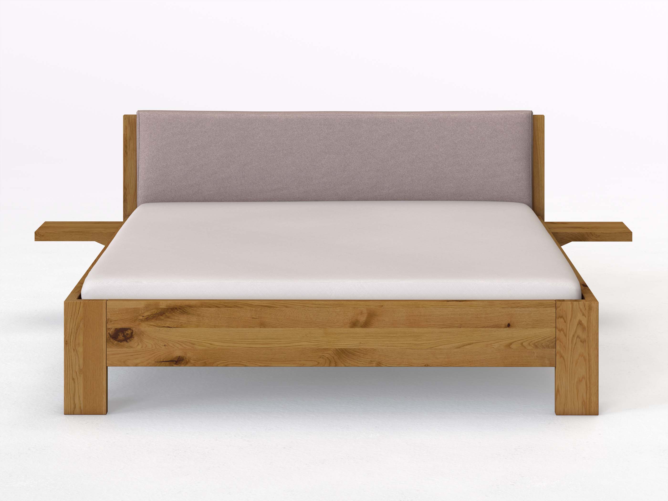 Wildeichenbett „Alois“ in 180 x 200 cm mit 2 Ablagen und Stoffkopfteil - Stoff: Schafschurwolle „Fischgrät“ in der Farbe Zartflieder