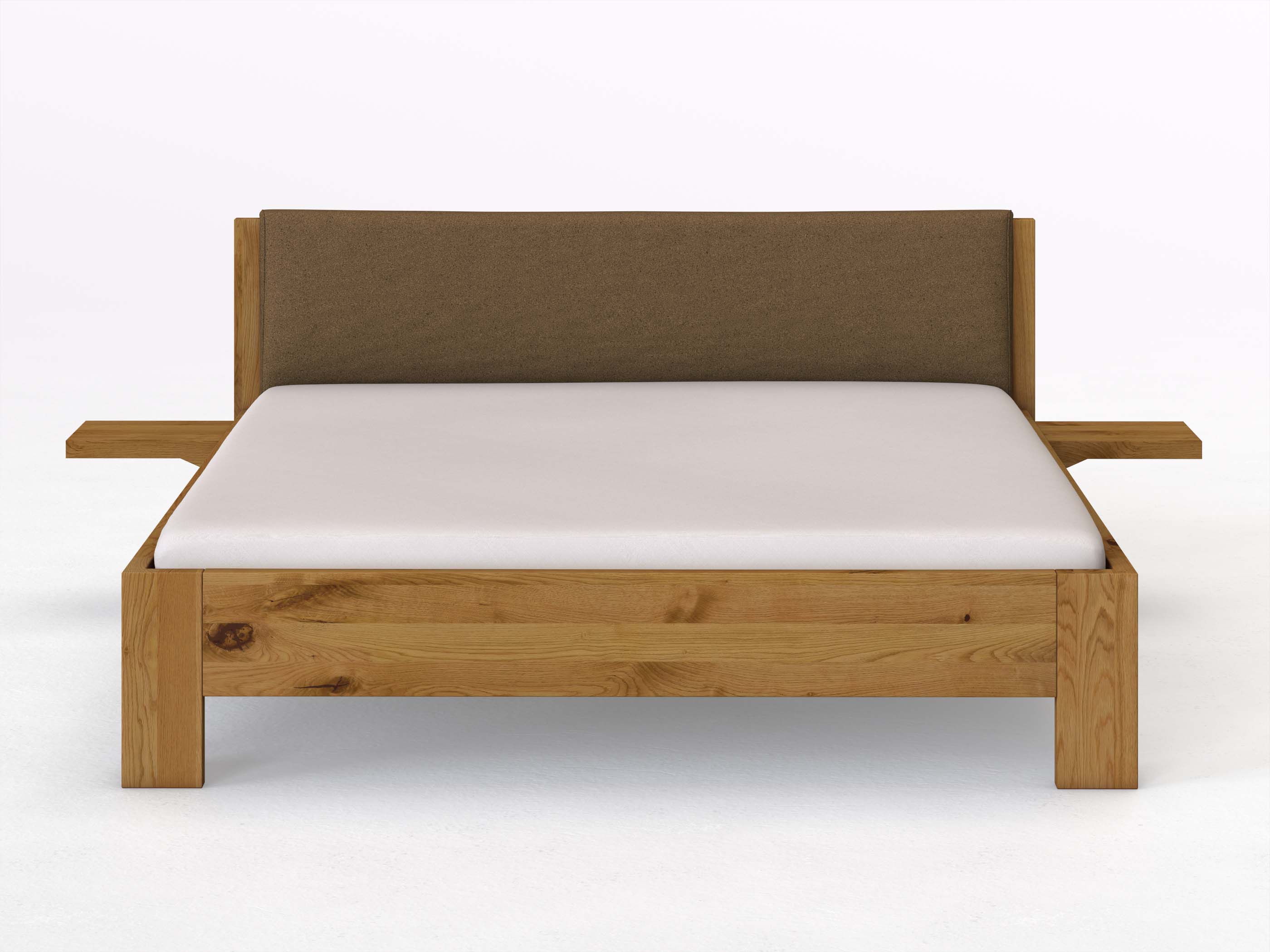 Wildeichenbett „Alois“ in 180 x 200 cm mit 2 Ablagen und Stoffkopfteil - Stoff: Schafschurwolle „Loden“ in der Farbe Zimtrinde