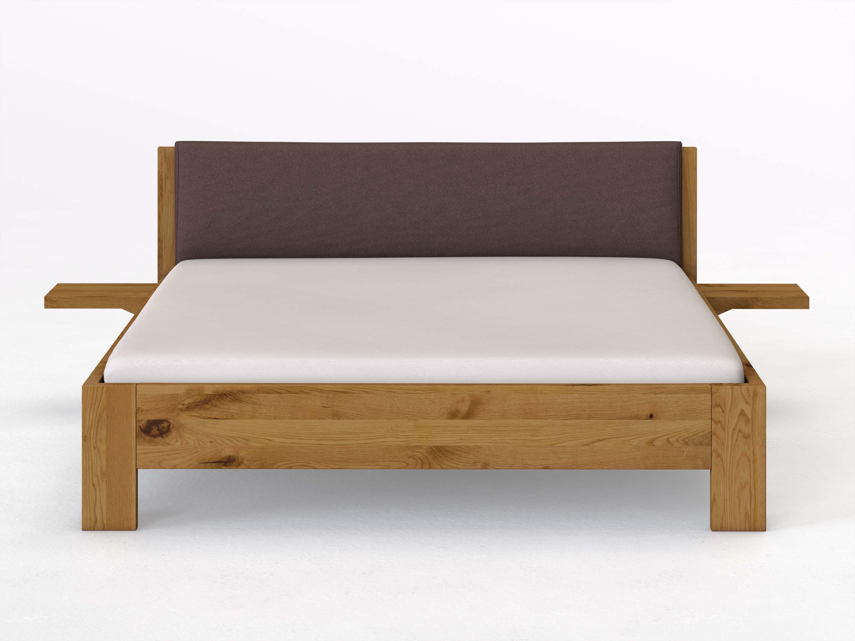 Wildeichenbett „Alois“ in 180 x 200 cm mit 2 Ablagen und Stoffkopfteil - Stoff: Schafschurwolle „Loden“ in der Farbe Abenddämmerung