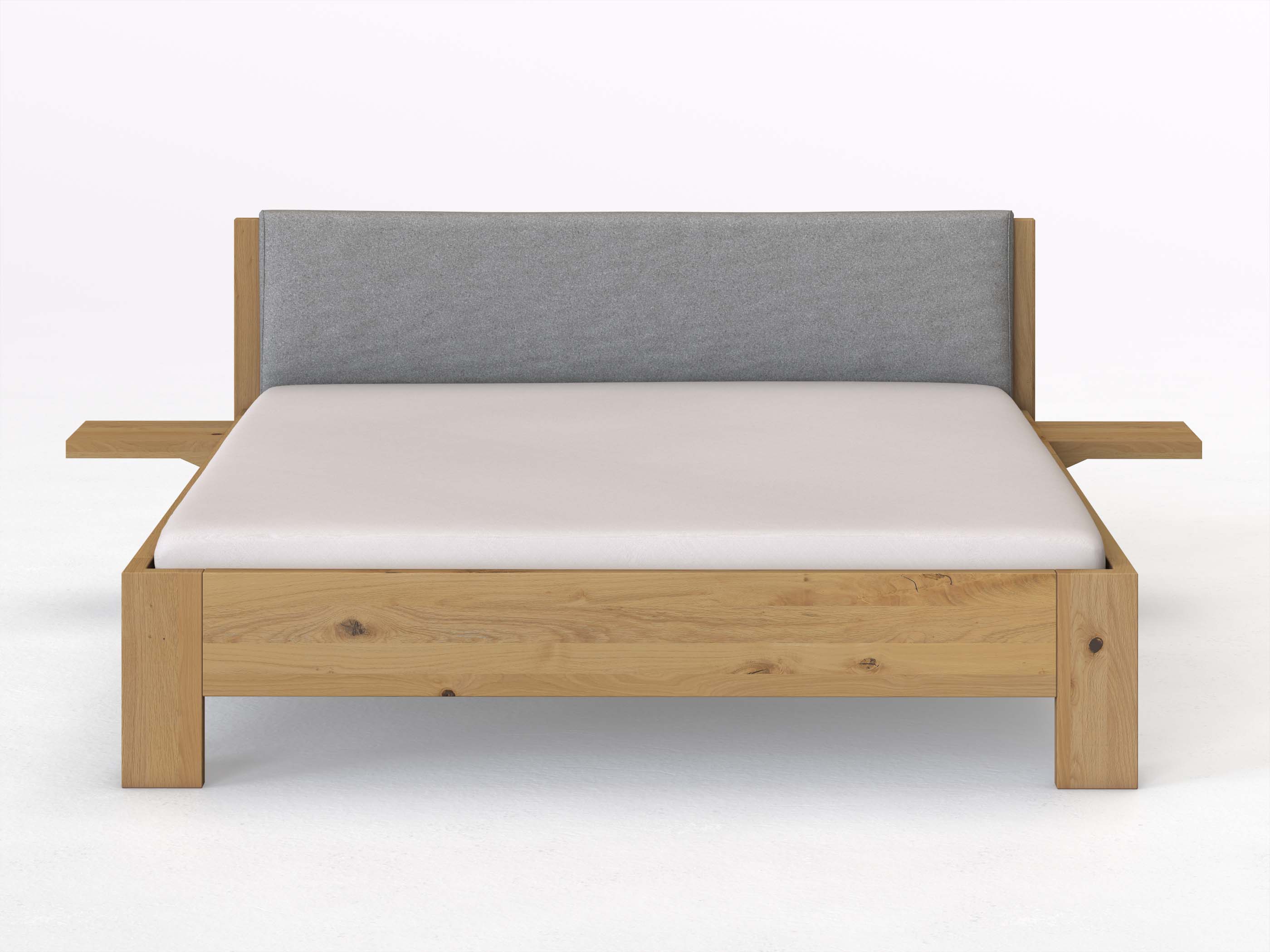 Wildeichenbett Hell „Alois“ in 180 x 200 cm mit 2 Ablagen und Stoffkopfteil - Stoff: Schafschurwolle „Loden“ in der Farbe Nebelgrau