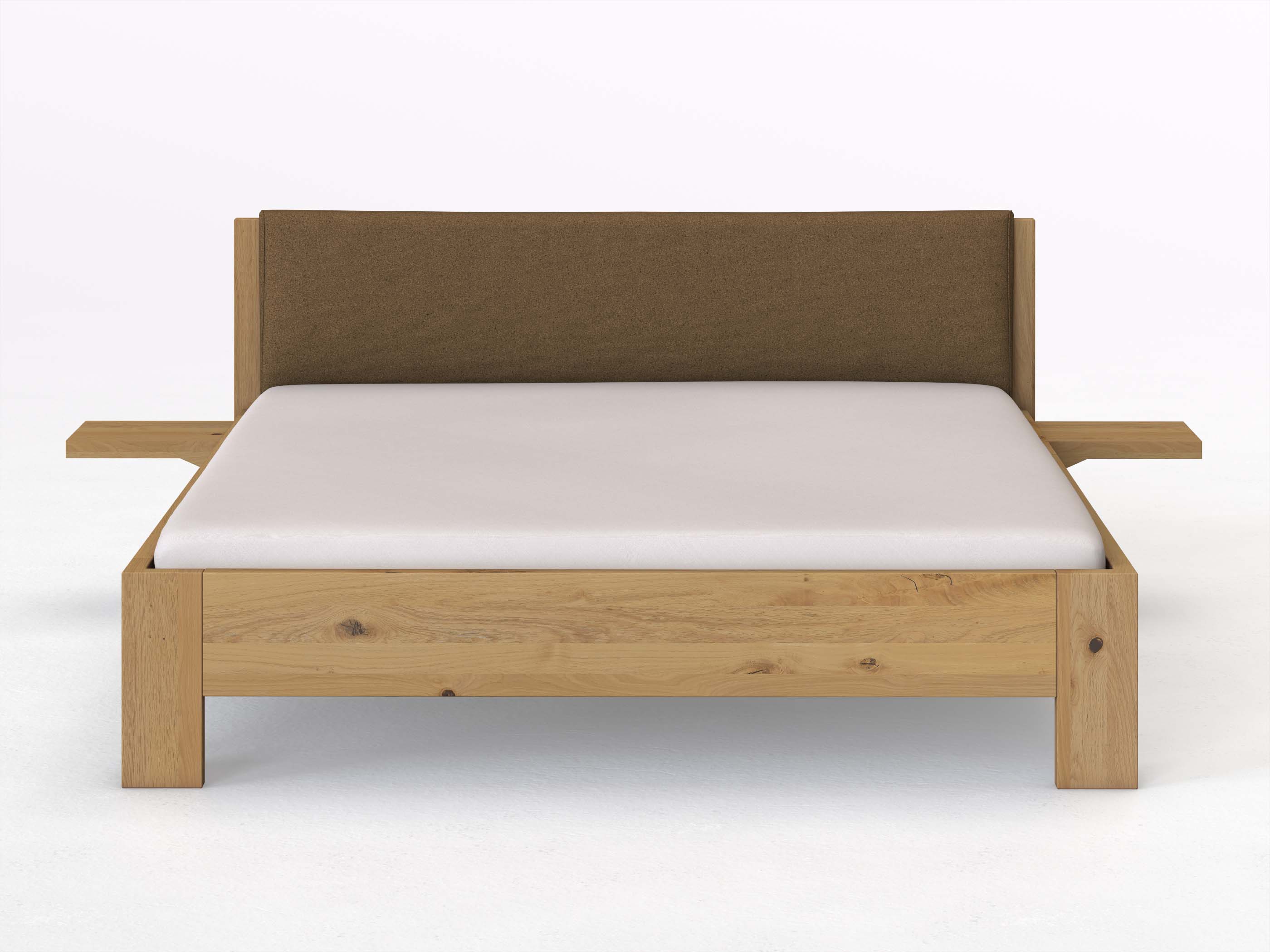 Wildeichenbett Hell „Alois“ in 180 x 200 cm mit 2 Ablagen und Stoffkopfteil - Stoff: Schafschurwolle „Loden“ in der Farbe Zimtrinde