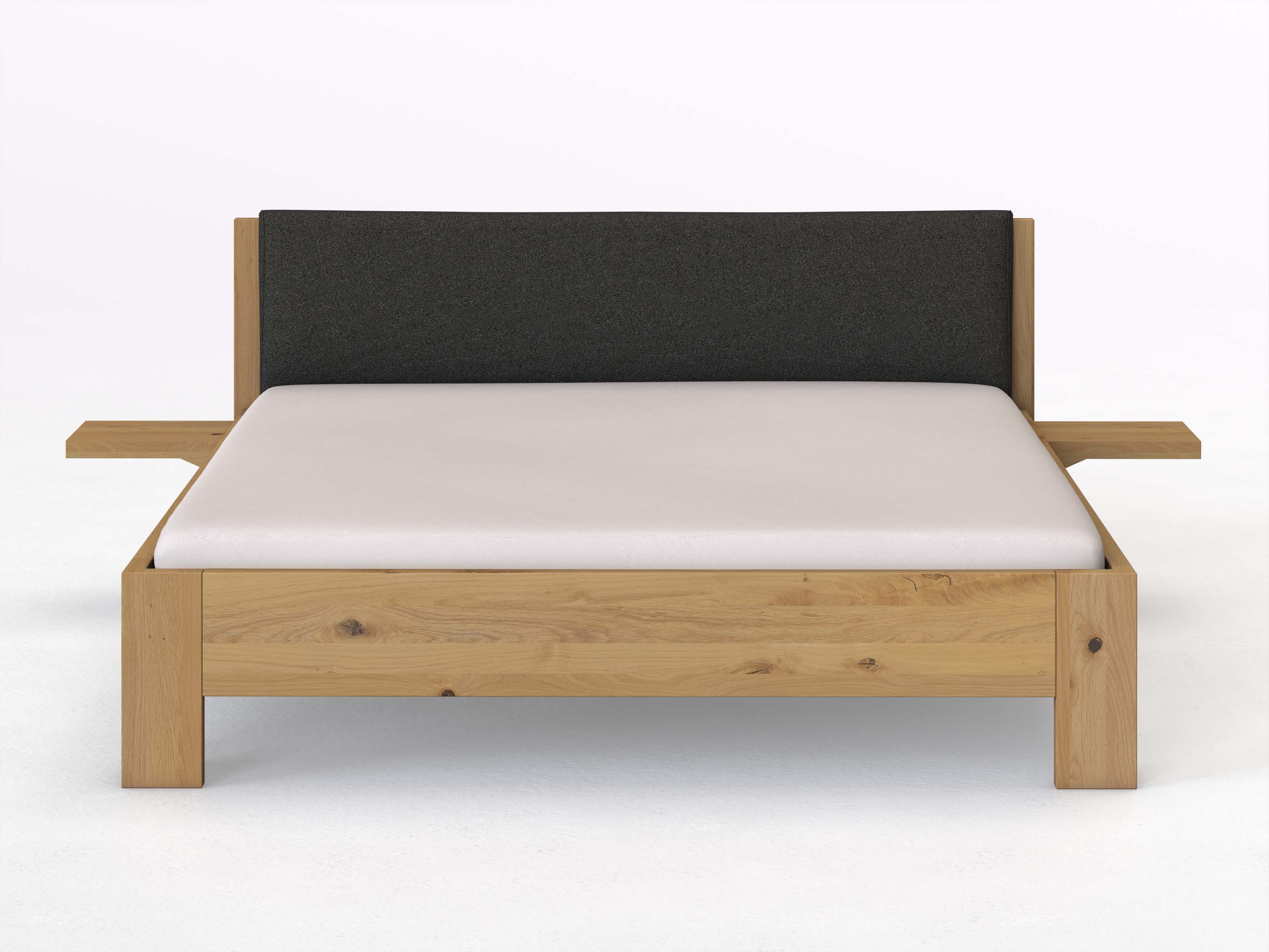 Wildeichenbett Hell „Alois“ in 180 x 200 cm mit 2 Ablagen und Stoffkopfteil - Stoff: Schafschurwolle „Loden“ in der Farbe Anthrazit