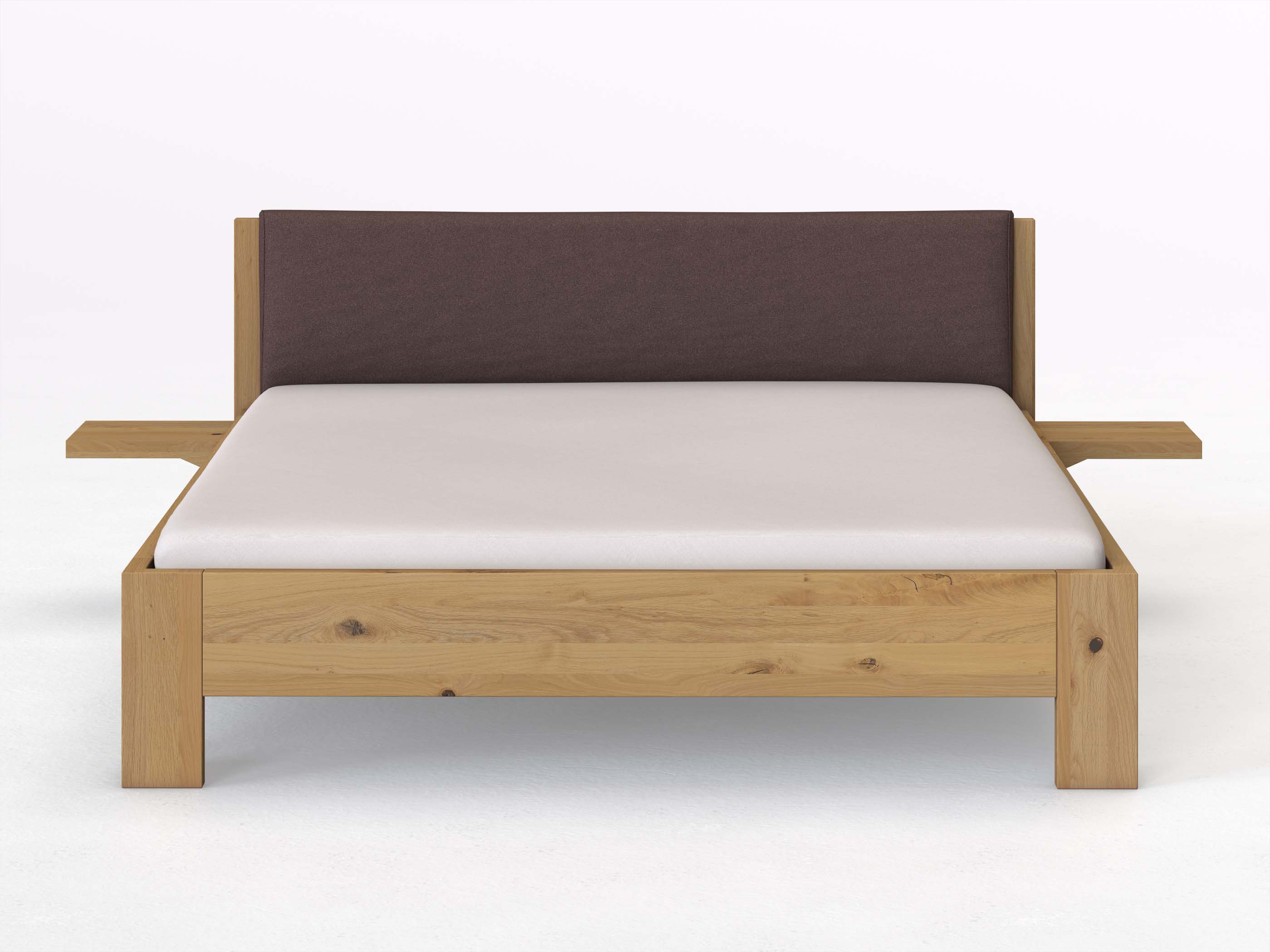 Wildeichenbett Hell „Alois“ in 180 x 200 cm mit 2 Ablagen und Stoffkopfteil - Stoff: Schafschurwolle „Loden“ in der Farbe Abenddämmerung