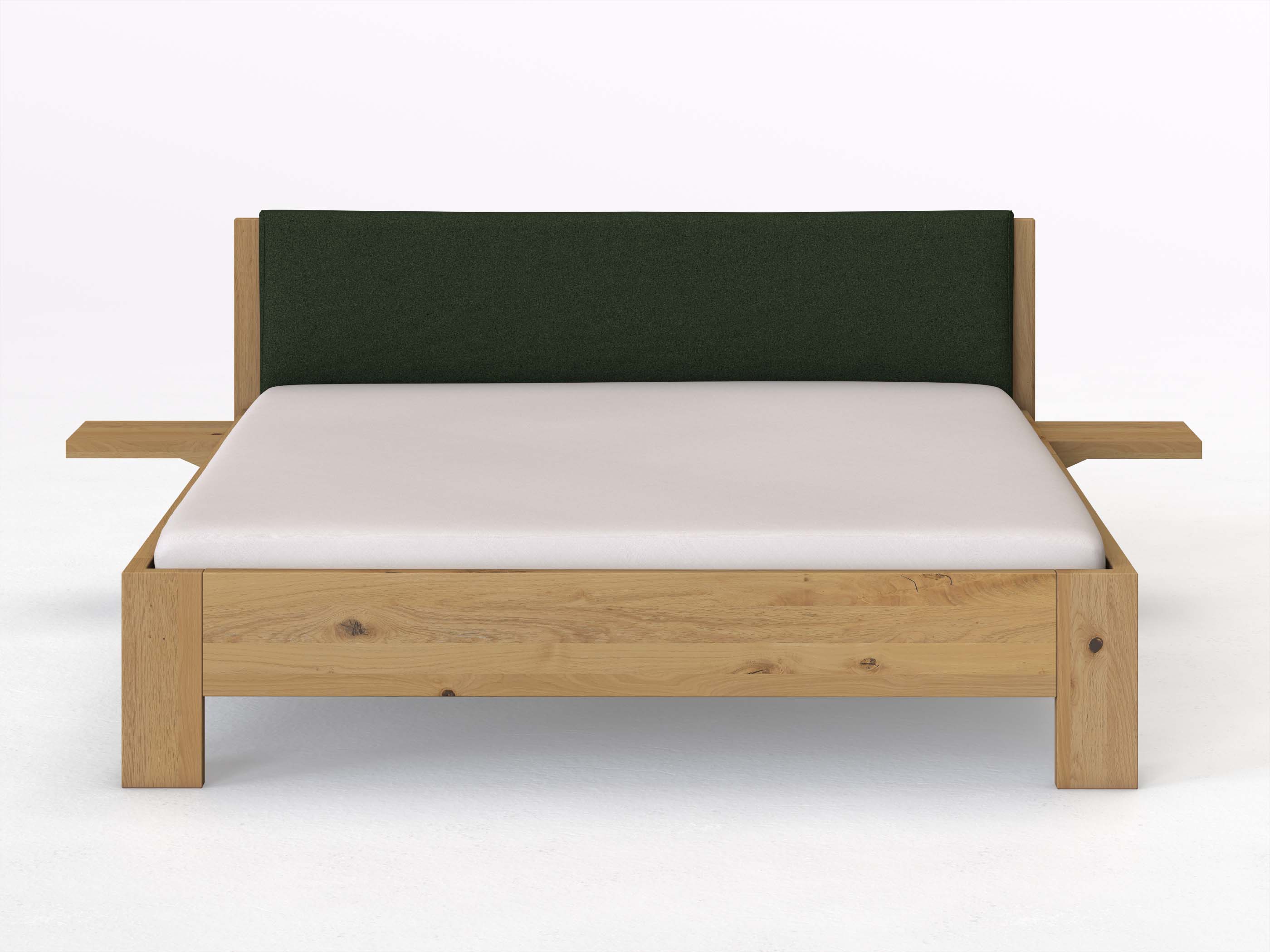 Wildeichenbett Hell „Alois“ in 180 x 200 cm mit 2 Ablagen und Stoffkopfteil - Stoff: Schafschurwolle „Loden“ in der Farbe Tannenwald