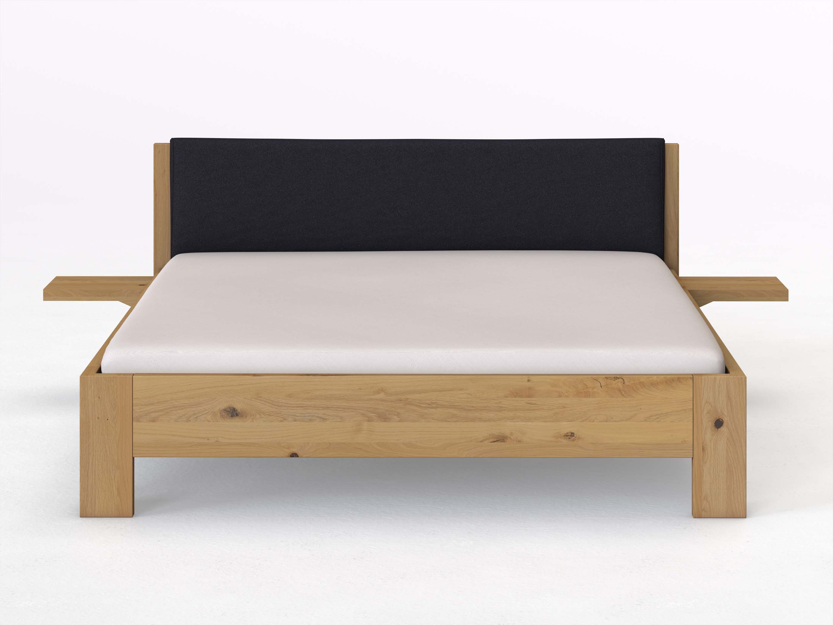 Wildeichenbett Hell „Alois“ in 180 x 200 cm mit 2 Ablagen und Stoffkopfteil - Stoff: Schafschurwolle „Loden“ in der Farbe Nachtblau