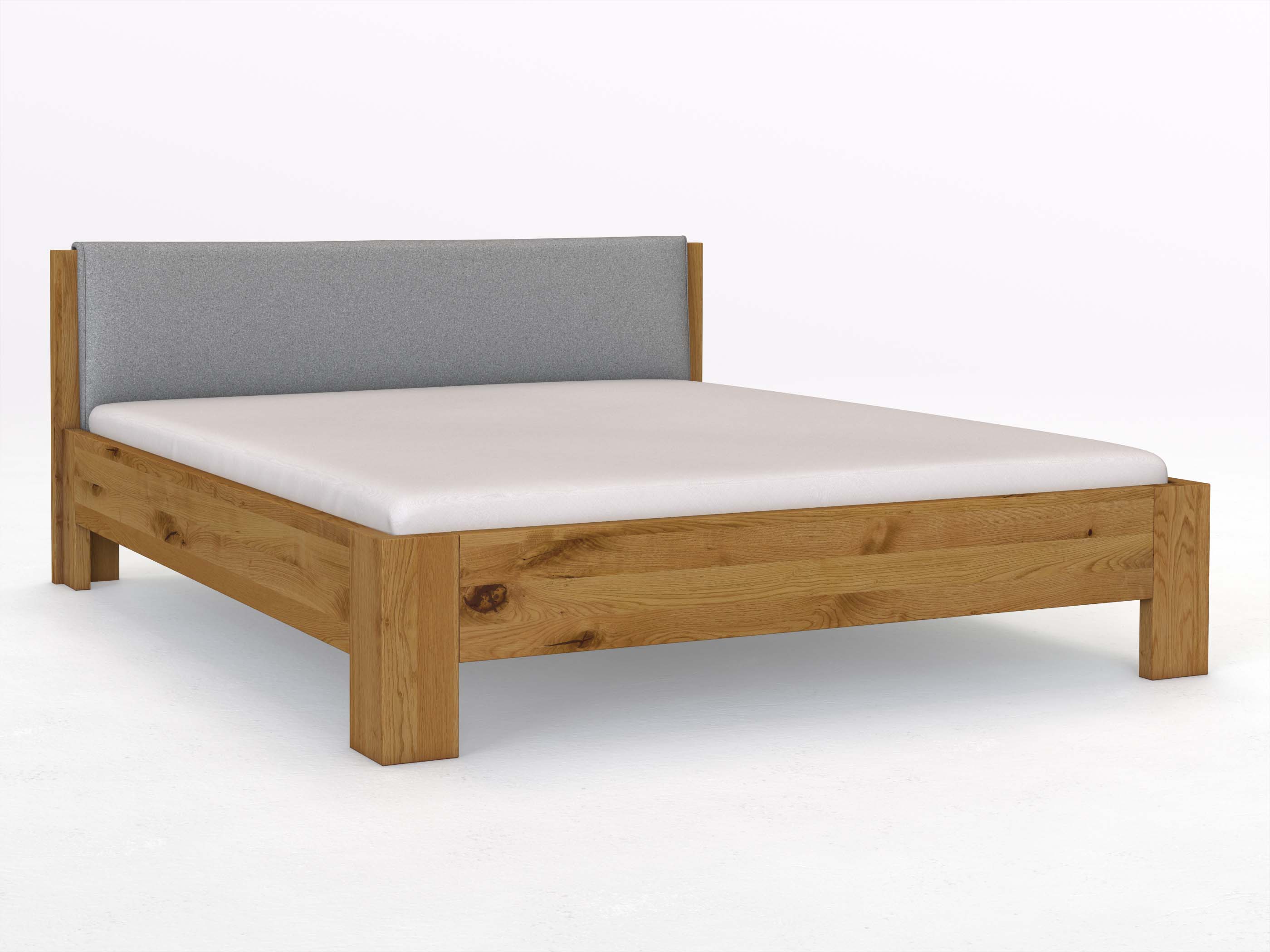 Wildeichenbett „Alois“ in 180 x 200 cm, mit Stoffkopfteil - Stoff: Schafschurwolle „Loden“ in der Farbe Nebelgrau