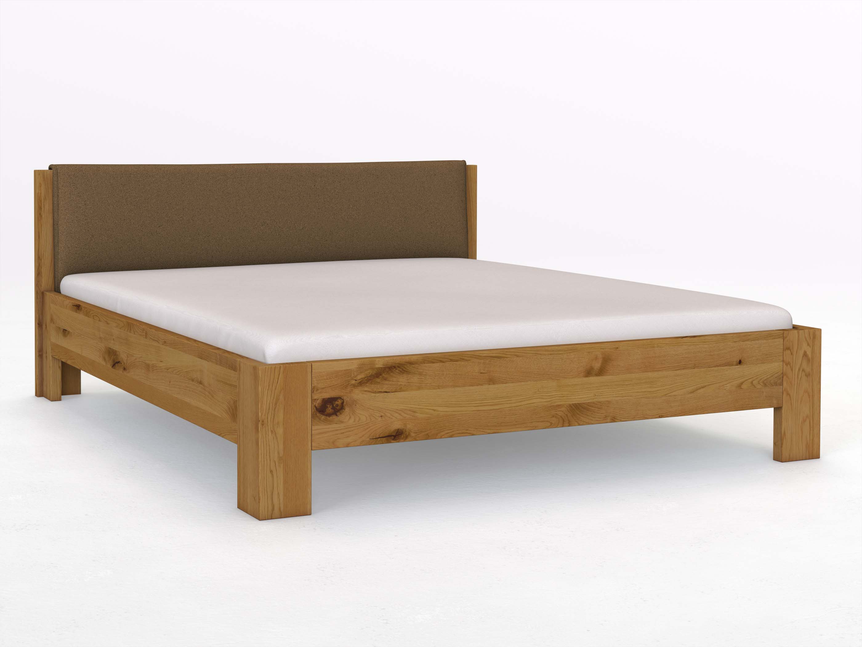 Wildeichenbett „Alois“ in 180 x 200 cm, mit Stoffkopfteil - Stoff: Schafschurwolle „Loden“ in der Farbe Zimtrinde