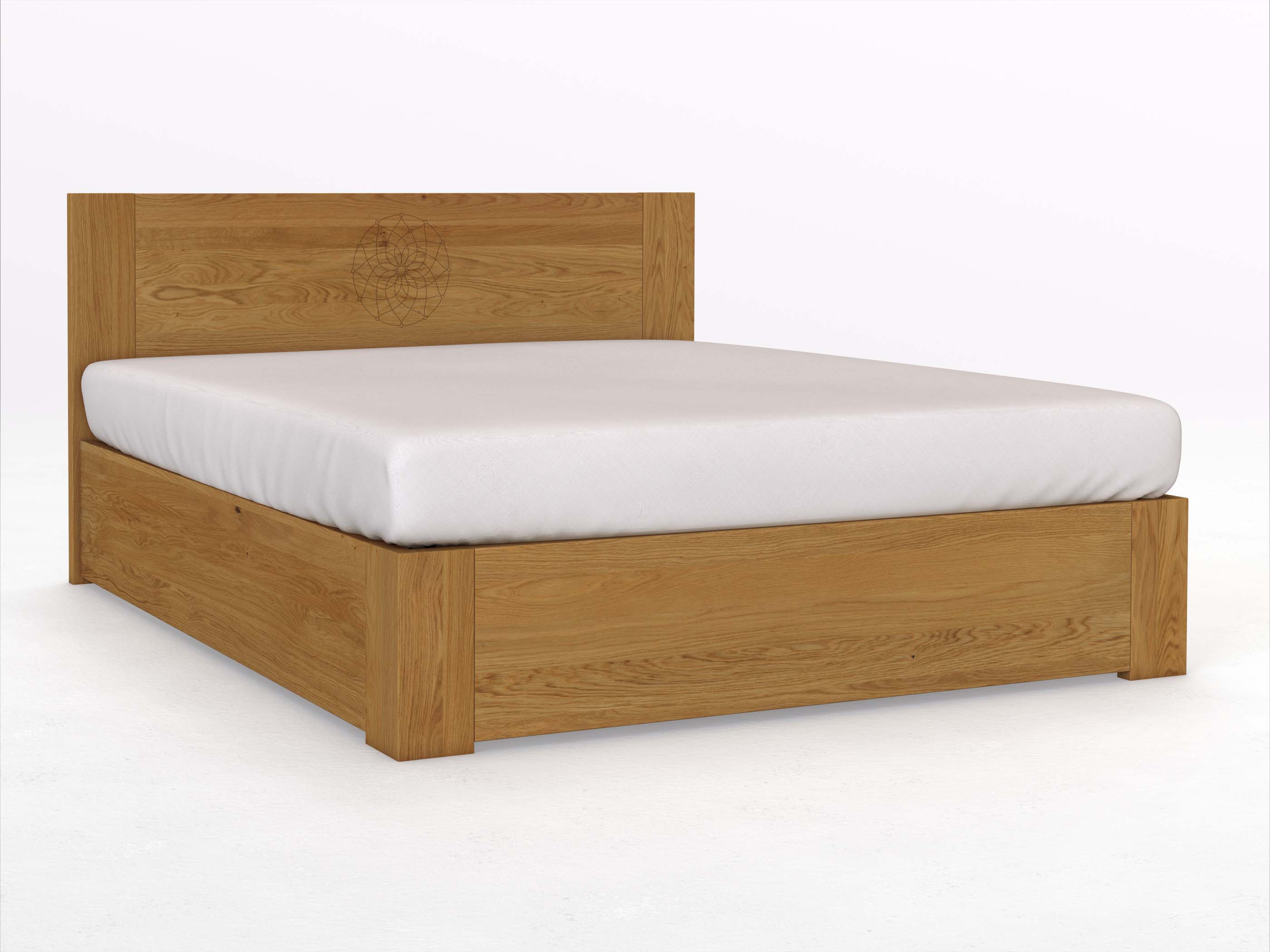 Eichenbett „Alois“ Boxspring 180 x 200 cm mit Gravur „Traumfänger“, ohne Unterbettkommode