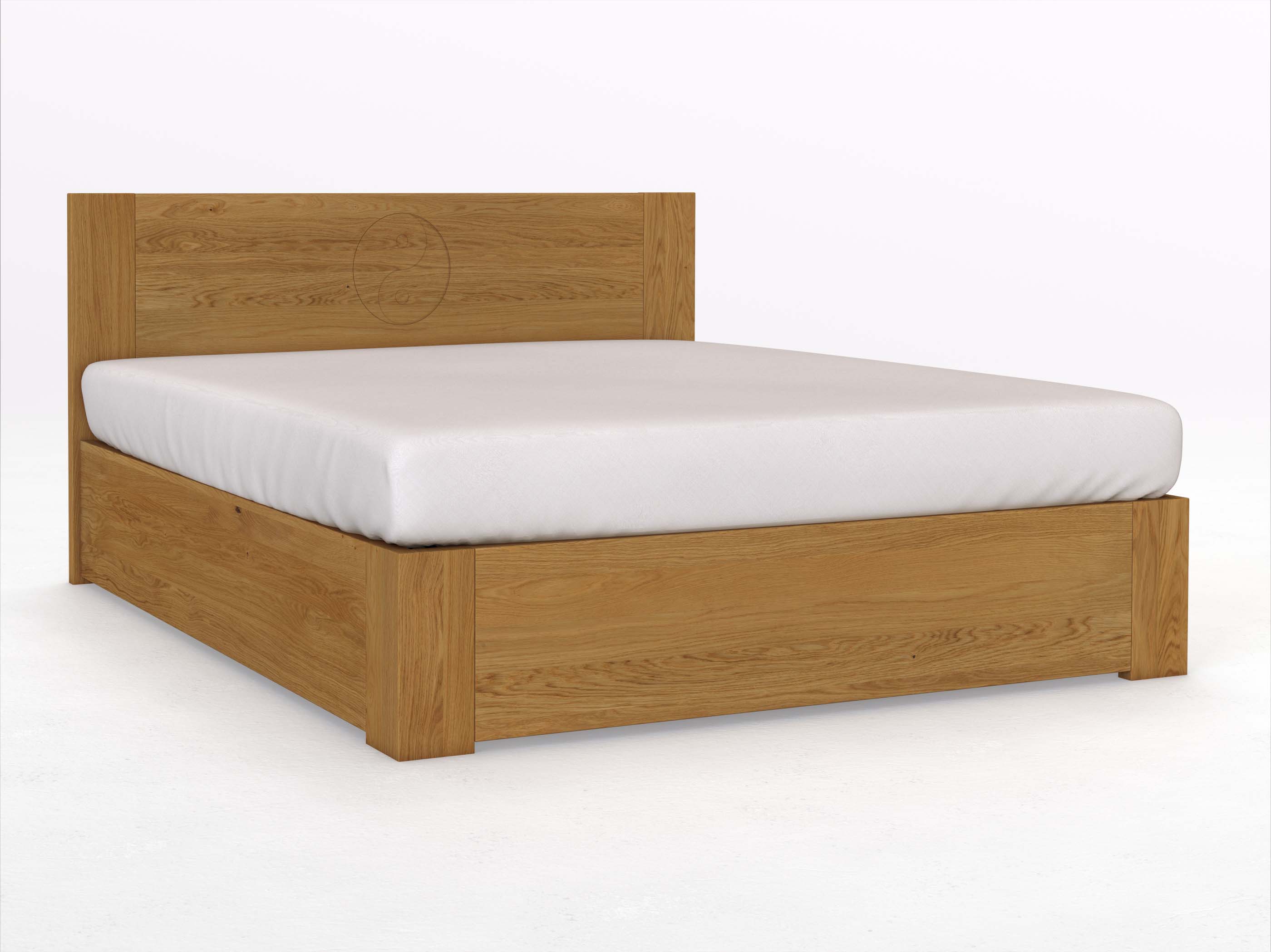 Eichenbett „Alois“ Boxspring 180 x 200 cm mit Gravur „Yin Yang“, ohne Unterbettkommode