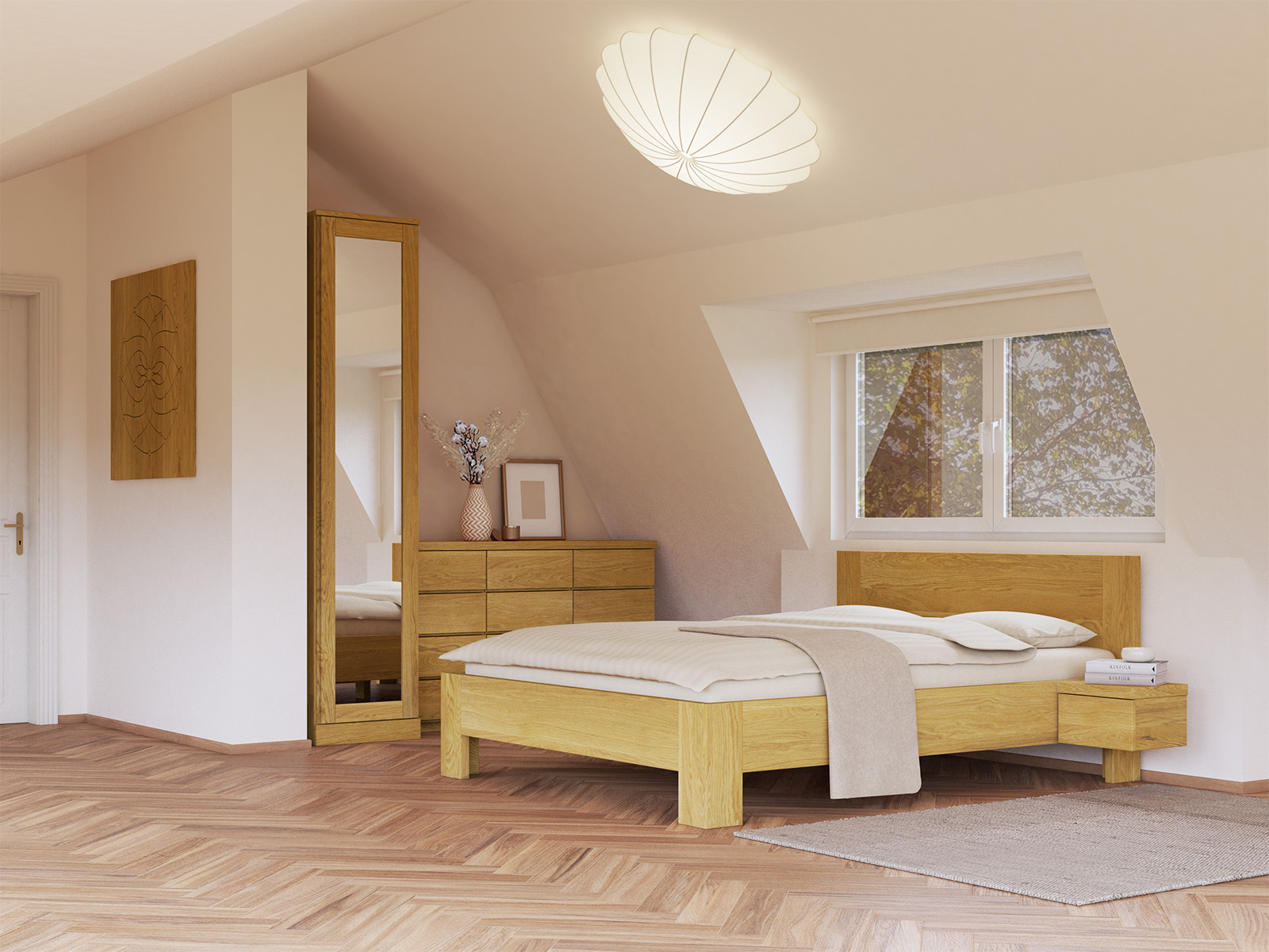 Schlafzimmer mit Eichenschrank „Alpenrose“, 1-türig, Höhe 235 cm, Griffausführung „Patrizia“