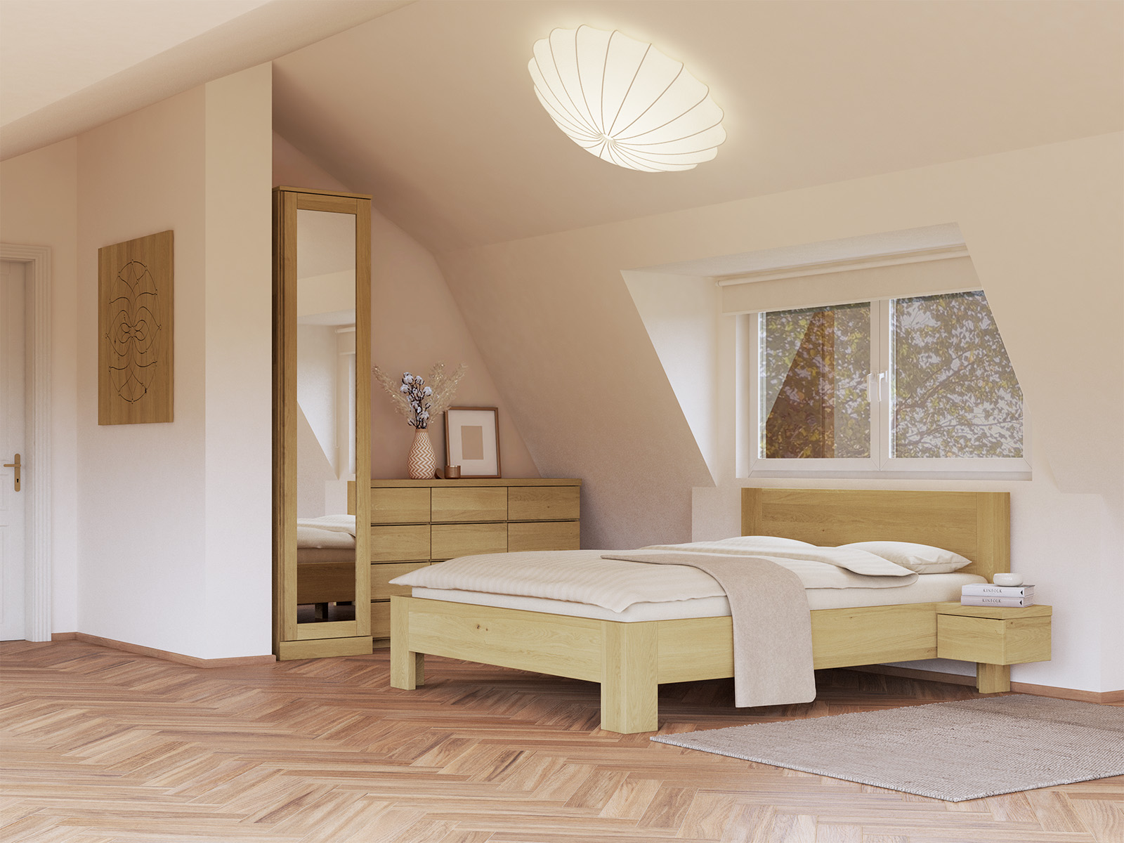 Schlafzimmer mit Eichenschrank „Alpenrose“, 1-türig, Höhe 235 cm, Griffausführung „Patrizia“