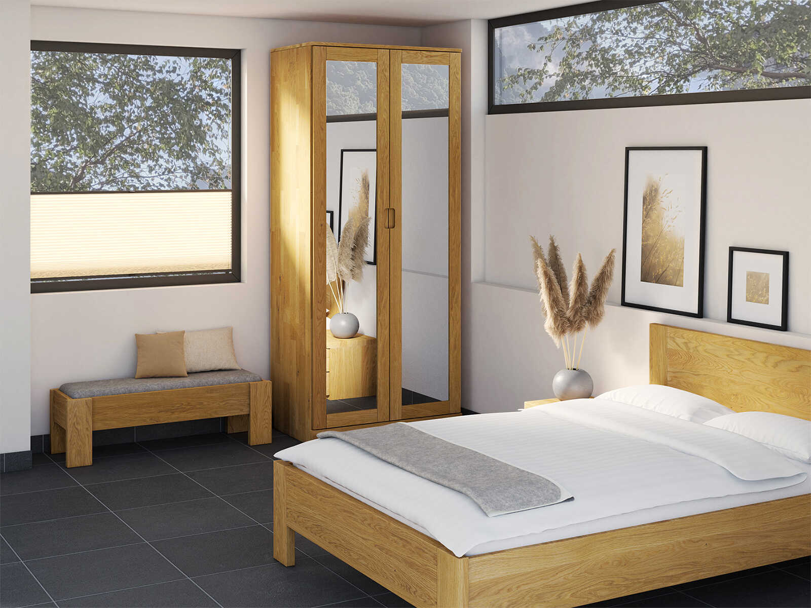 Schlafzimmer mit Eichenschrank „Alpenrose“, 2-türig, Höhe 235 cm, Griffausführung „Lukas“
