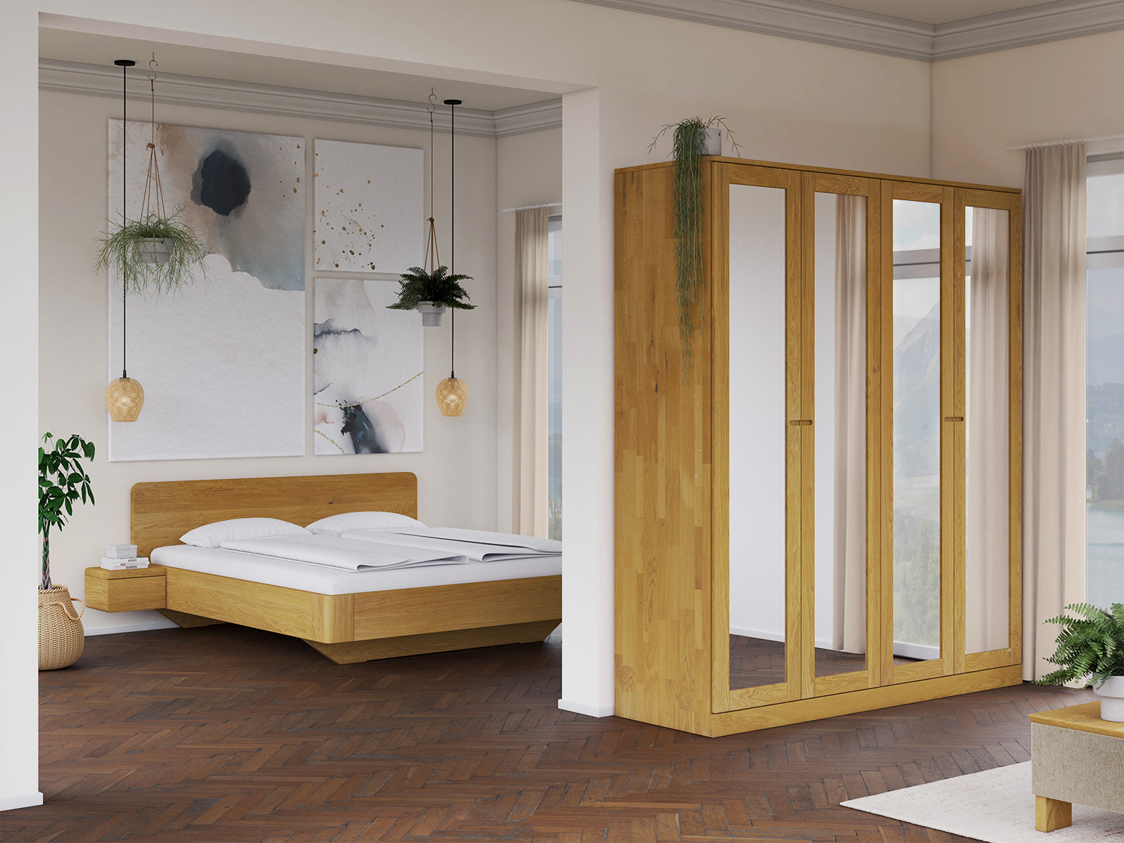 Schlafzimmer mit Eichenschrank „Alpenrose“, 4-türig, Höhe 235 cm, Griffausführung „Stefan“