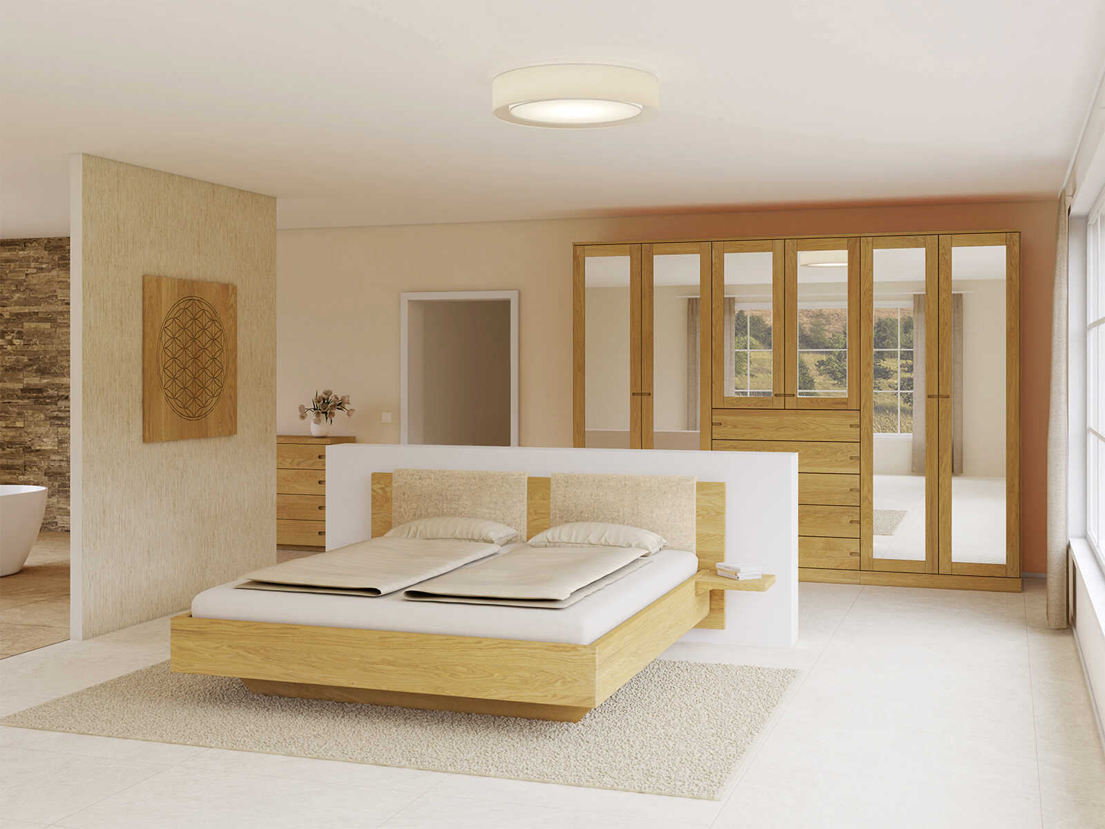 Schlafzimmer mit Eichenschrank „Alpenrose“, 6-türig, Höhe 235 cm, Griffausführung „Stefan“