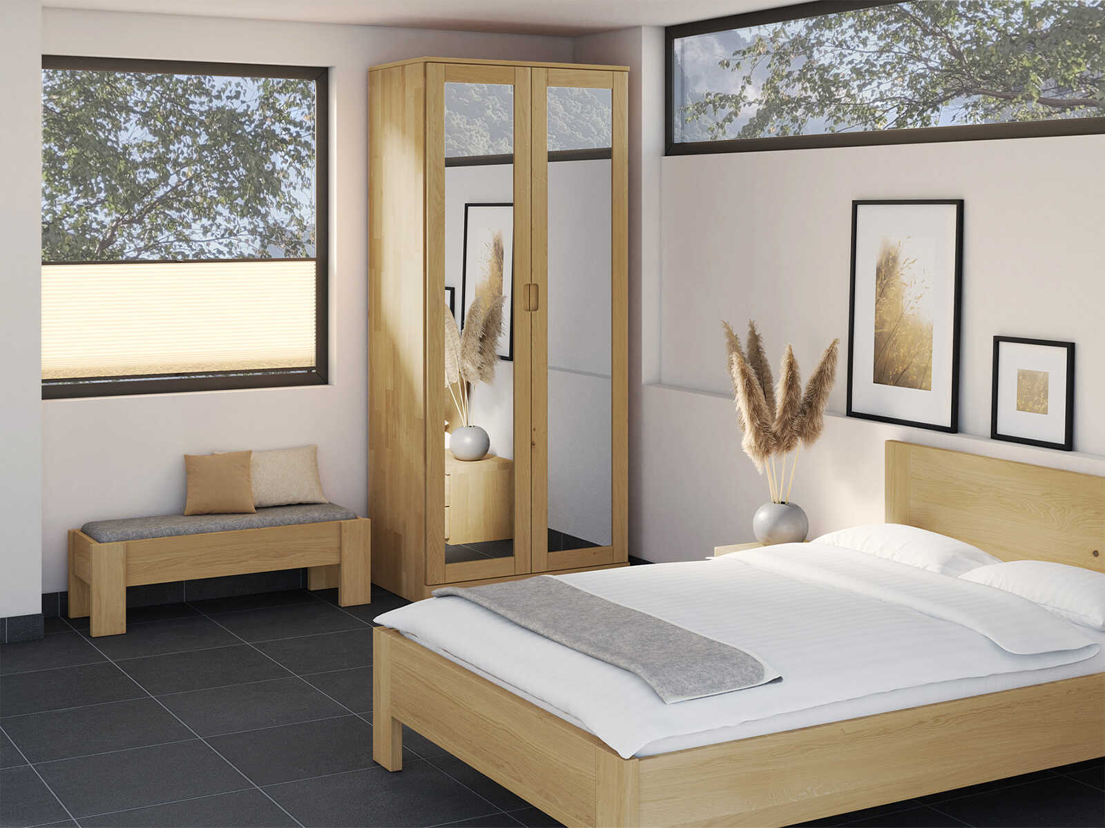 Schlafzimmer mit Schrank „Alpenrose“ aus Eiche Hell, 2-türig, Höhe 235 cm, Griffausführung „Lukas“