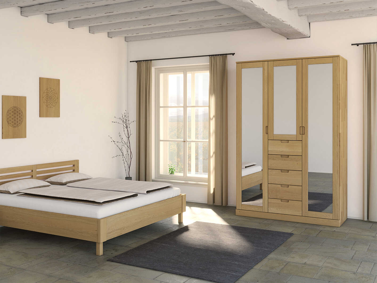 Schlafzimmer mit Schrank „Alpenrose“ aus Eiche Hell, 3-türig, Höhe 210 cm, Griffausführung „Lukas