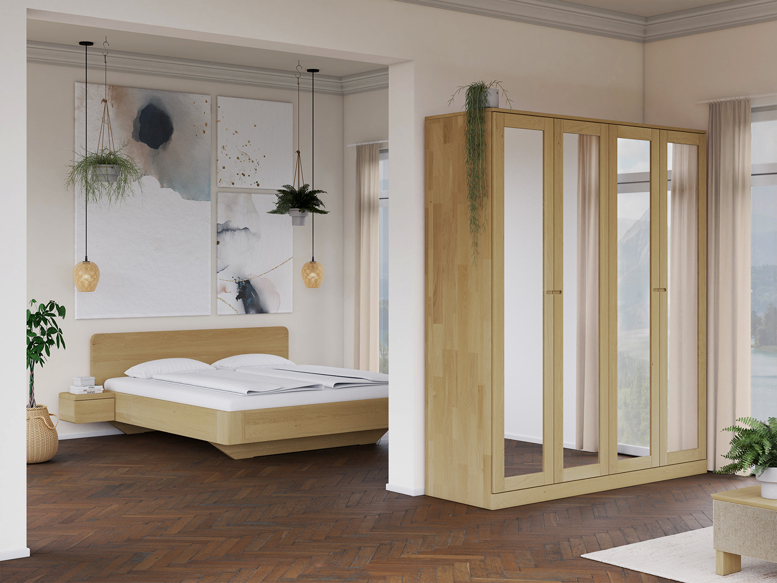 Schlafzimmer mit Schrank „Alpenrose“ aus Eiche Hell, 4-türig, Höhe 235 cm, Griffausführung „Stefan“