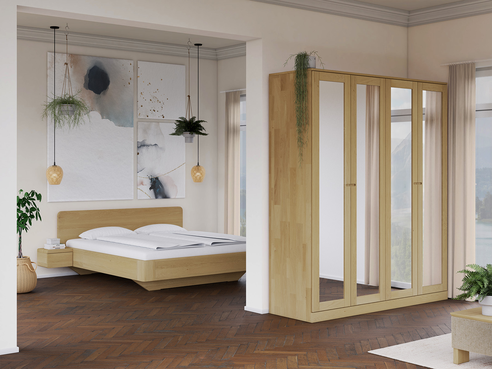 Schlafzimmer mit Schrank „Alpenrose“ aus Eiche Hell, 4-türig, Höhe 235 cm, Griffausführung „Stefan“