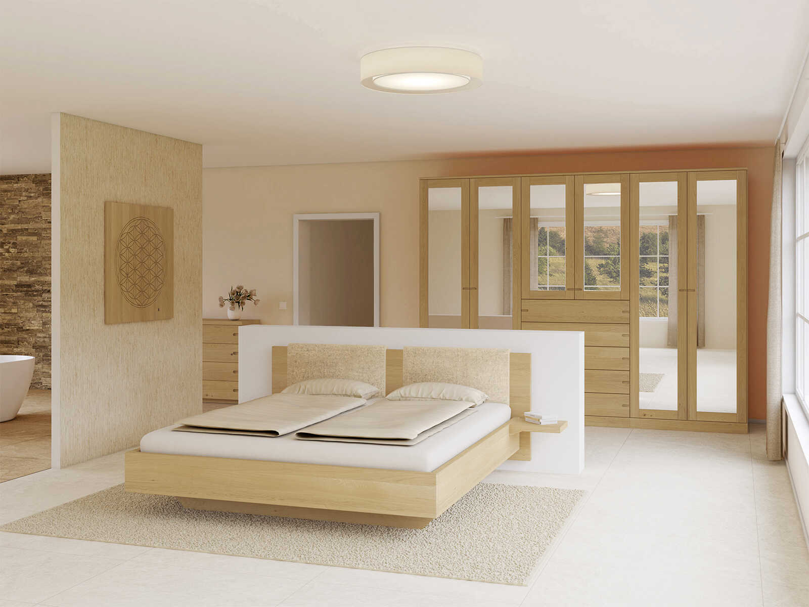Schlafzimmer mit Schrank „Alpenrose“ aus Eiche Hell, 6-türig, Höhe 235 cm, Griffausführung „Stefan“