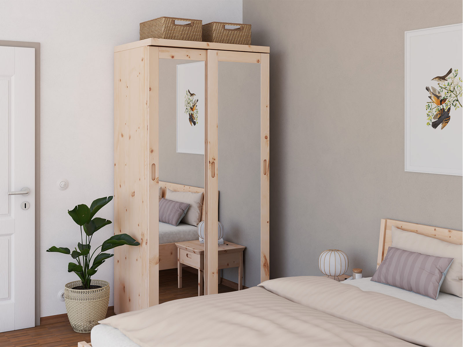 Zirbenschlafzimmer mit Zirbenschrank „Alpenrose", 2-türig schmal, Höhe 208 cm