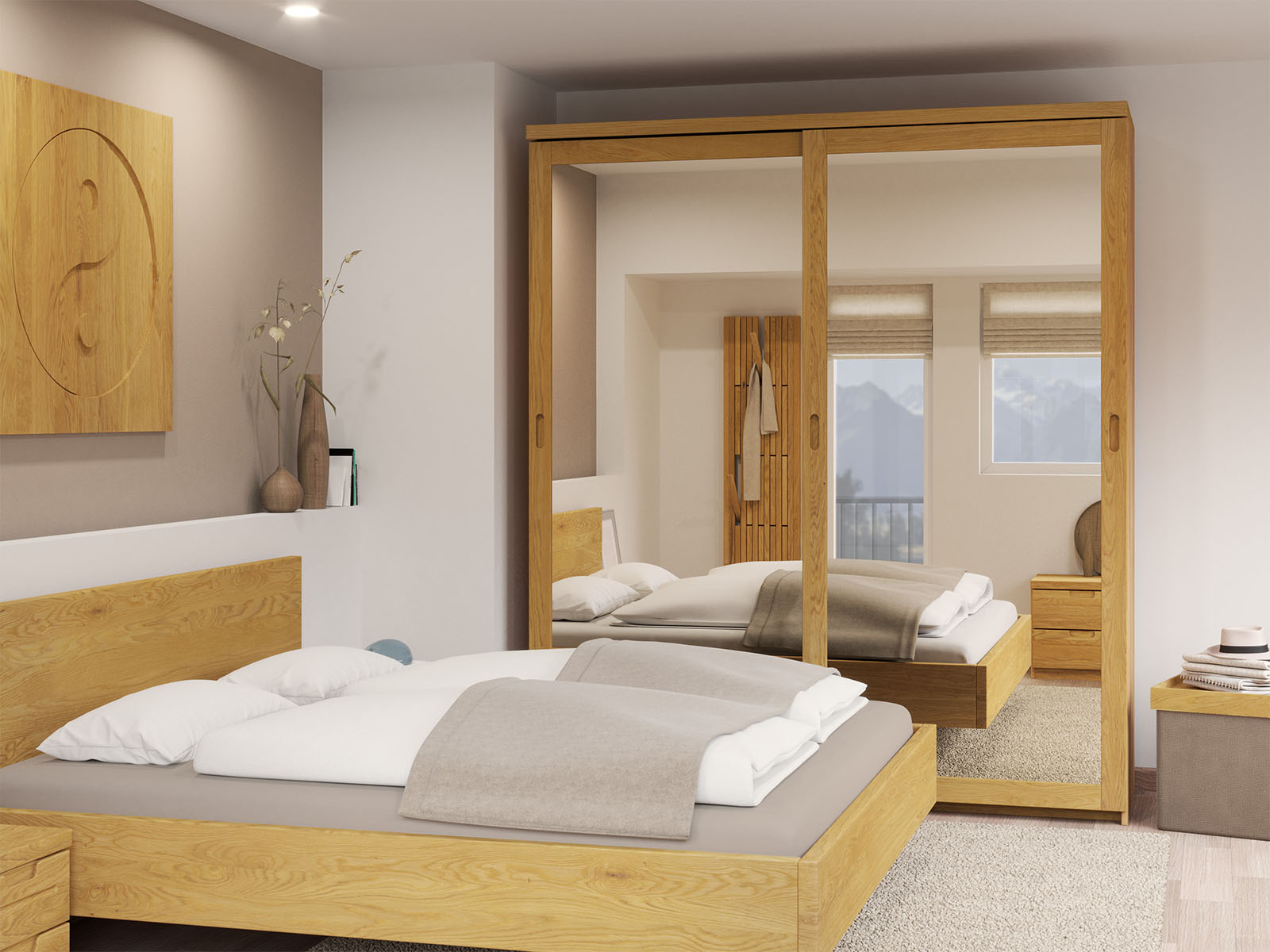 Schlafzimmer mit Schrank „Alpenrose" aus Eiche Hell, 2-türig breit, Höhe 233 cm