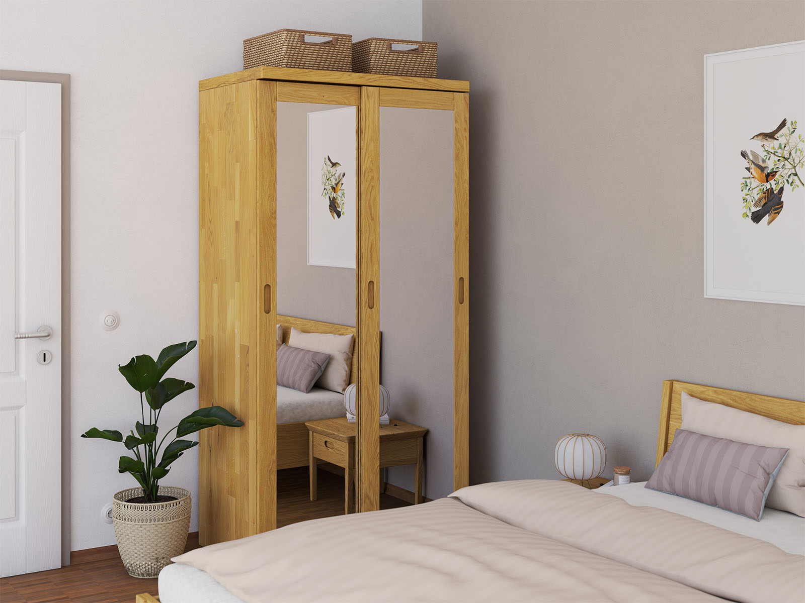 Schlafzimmer mit Schrank „Alpenrose" aus Eiche, 2-türig schmal, Höhe 208 cm